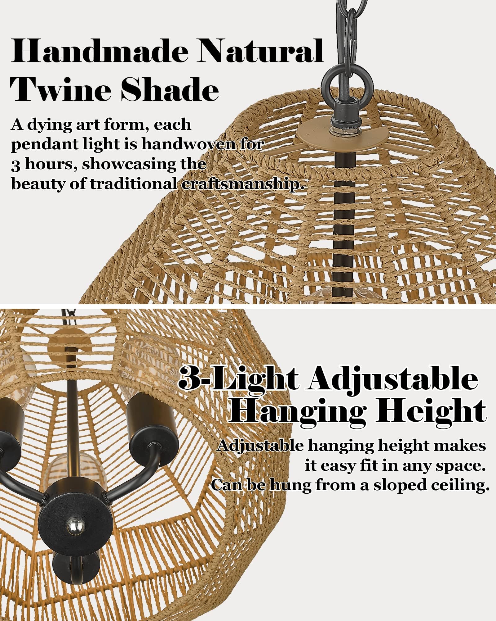 Elyona 3-Light Boho Chandelier, Woven Rattan Pendant Light For Dining Room, Kitchen, Living Room