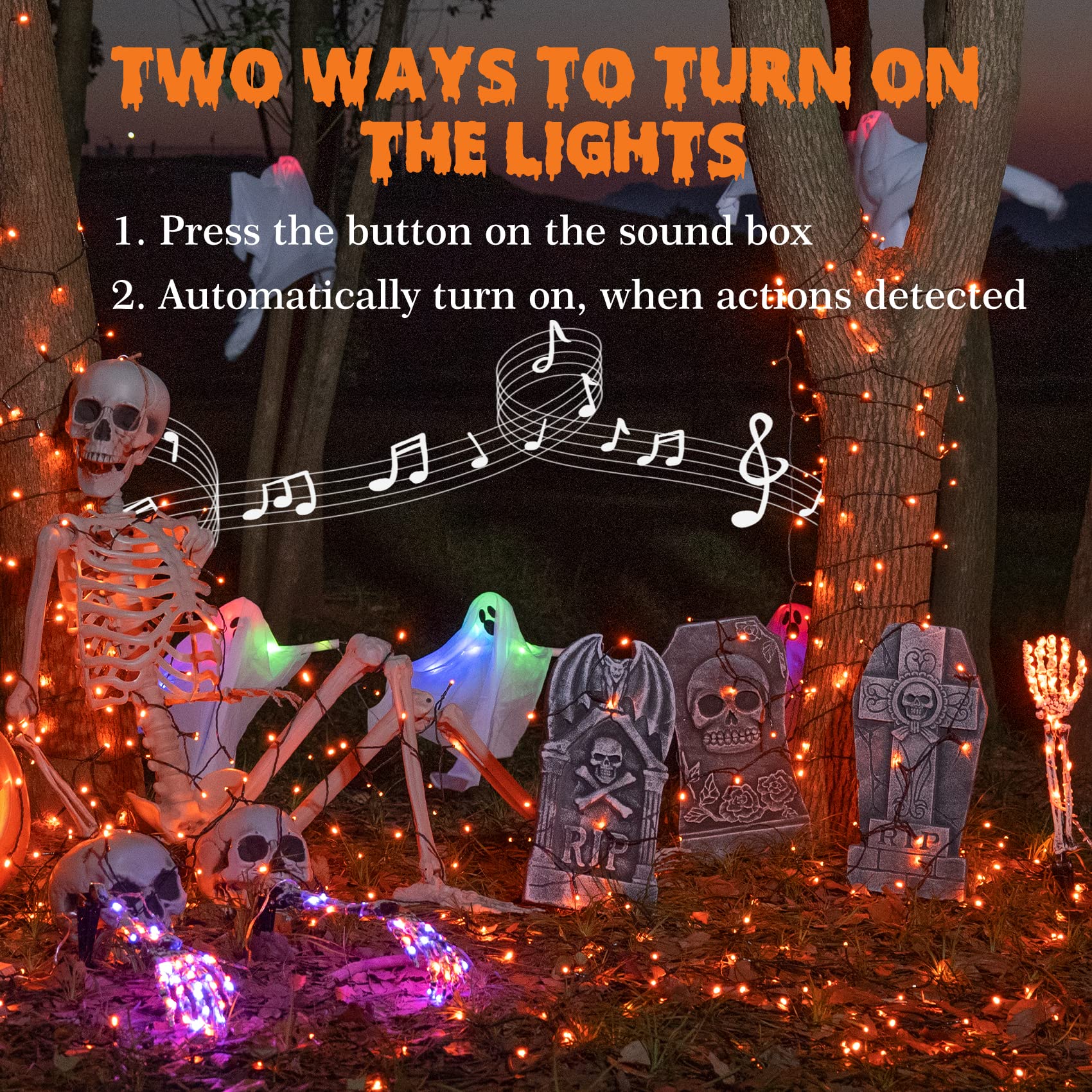 Halloween String Lights With Music Sync Spooky Sounds - 6 Lighting Modes  300 Led Lights For Haunted Party Yard Room Decor (Orange)