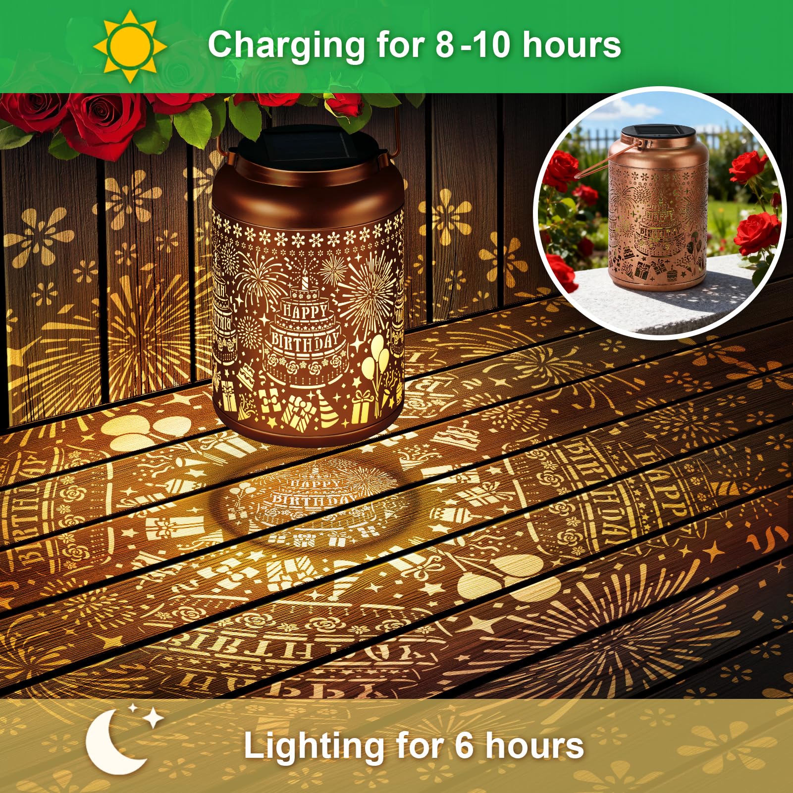 HEGUD Solar Lantern Outdoor Garden Decor - Waterproof Metal Hanging Light, Gold, Model OGS-SL-H-HappyB