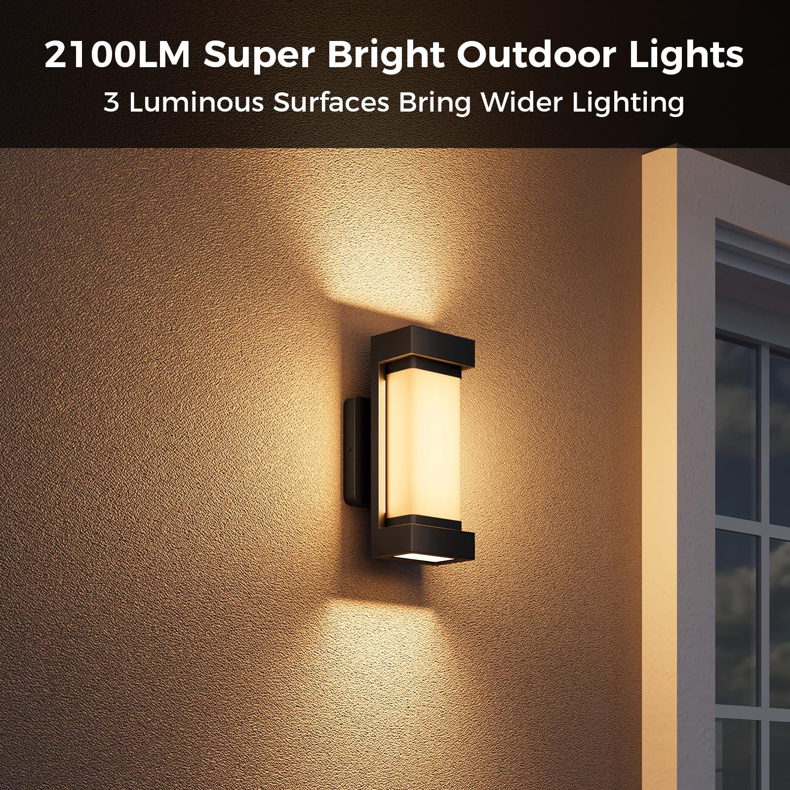 XMCOSY+ Outdoor Wall Lights, 2100LM Smart LED Sconce, Wi-Fi Control, IP65 Waterproof, 2 Pack, Black, Model XMWLB