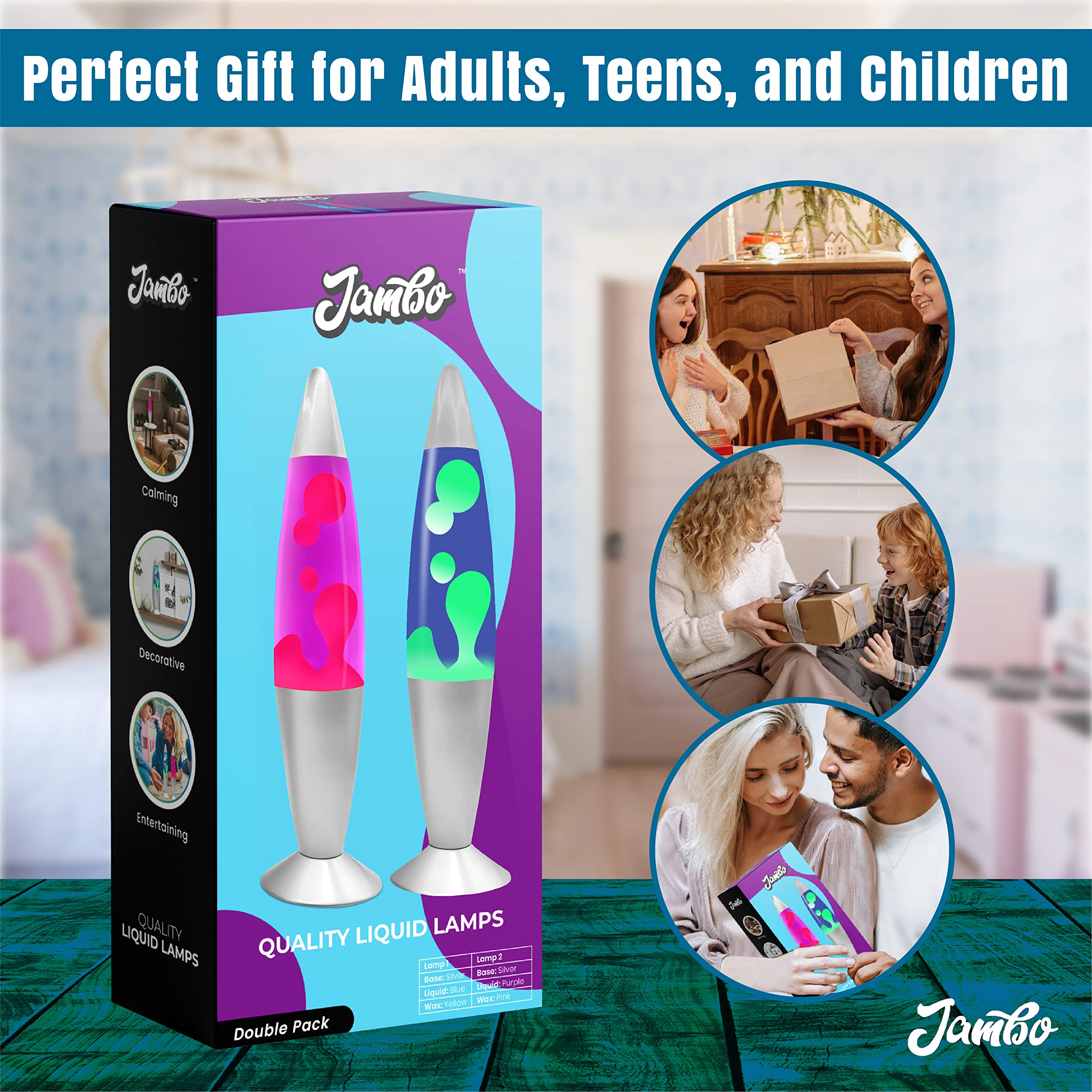 Jambo Liquid Motion Lamp - 16in Double Pack, Glass, Silver Base, Blue & Yellow Wax, Purple & Pink Wax