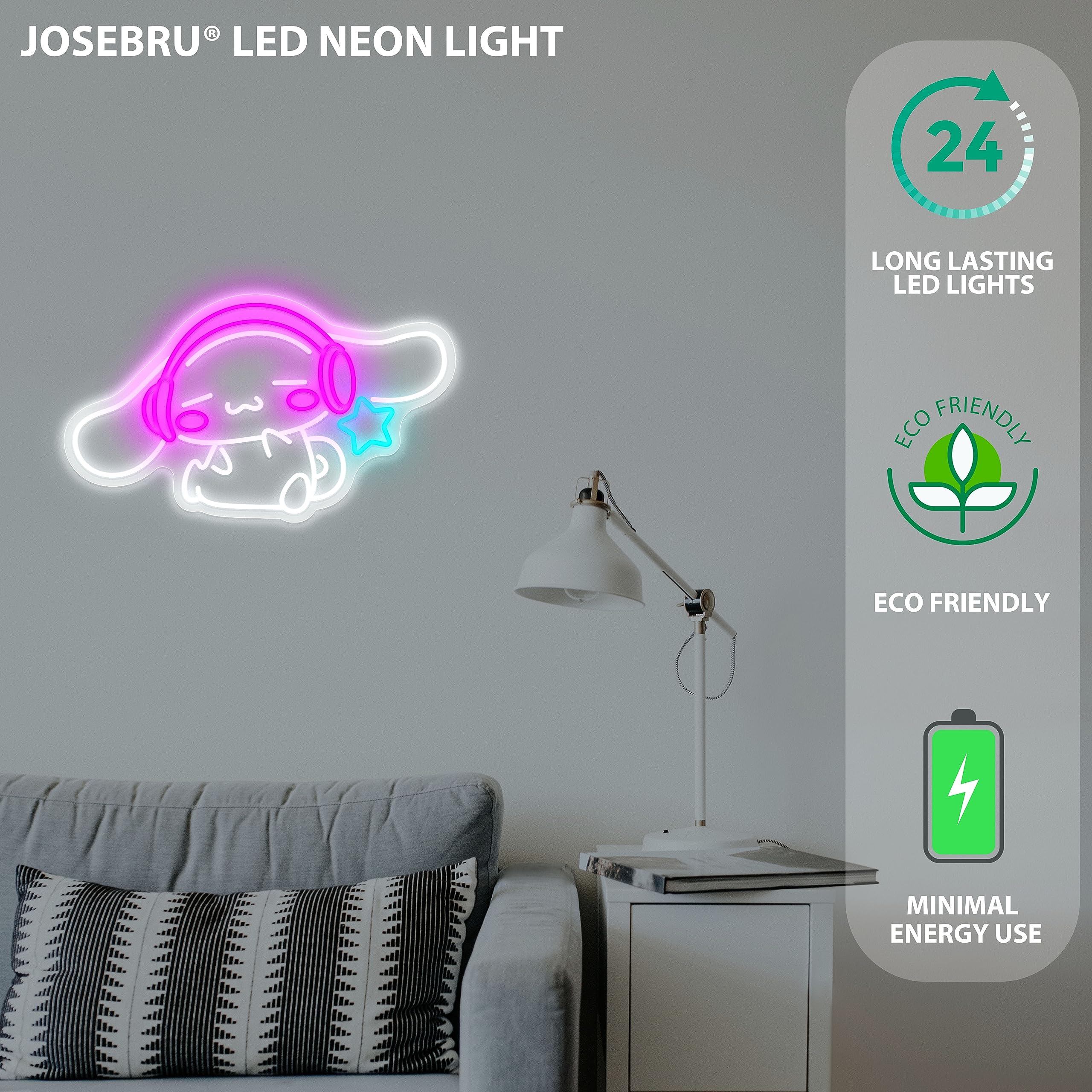 JOSEBRU CinnamoRoll Neon Sign for Wall Decor, 17.17x10.04 inches, Pink+White+Ice Blue, Anime Light, Model CinnamorollB