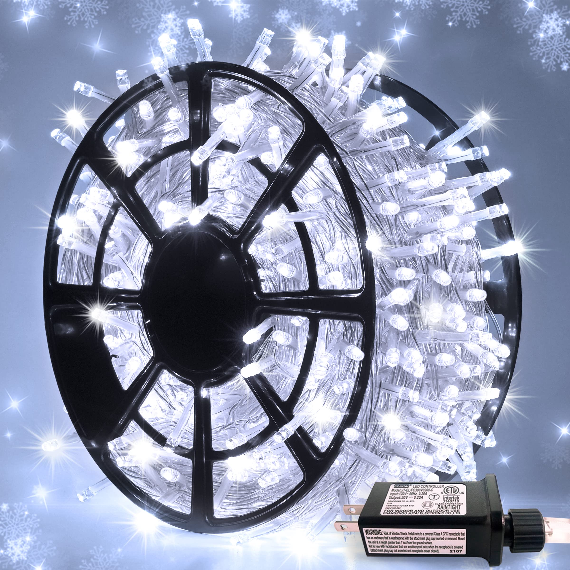 JMEXSUSS 163ft 500 LED White Christmas Lights Outdoor, 8 Modes Outdoor String Lights Plug in with Remote Control, Clear Wire Chr