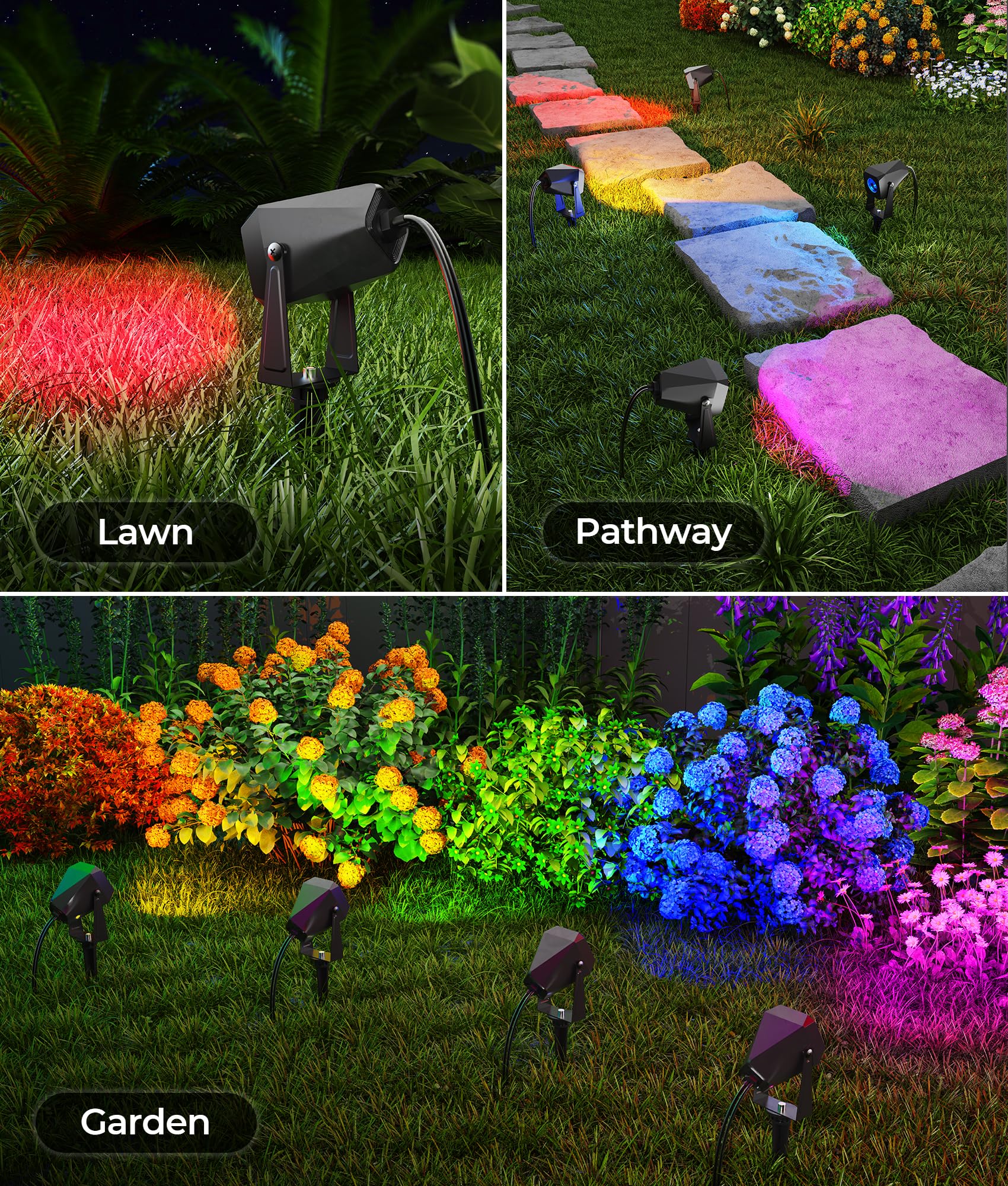 DeckTok RGB Landscape Lighting - 4 Pack Outdoor Spotlights, IP65 Waterproof, Remote Control, Multicolor, Polycarbonate