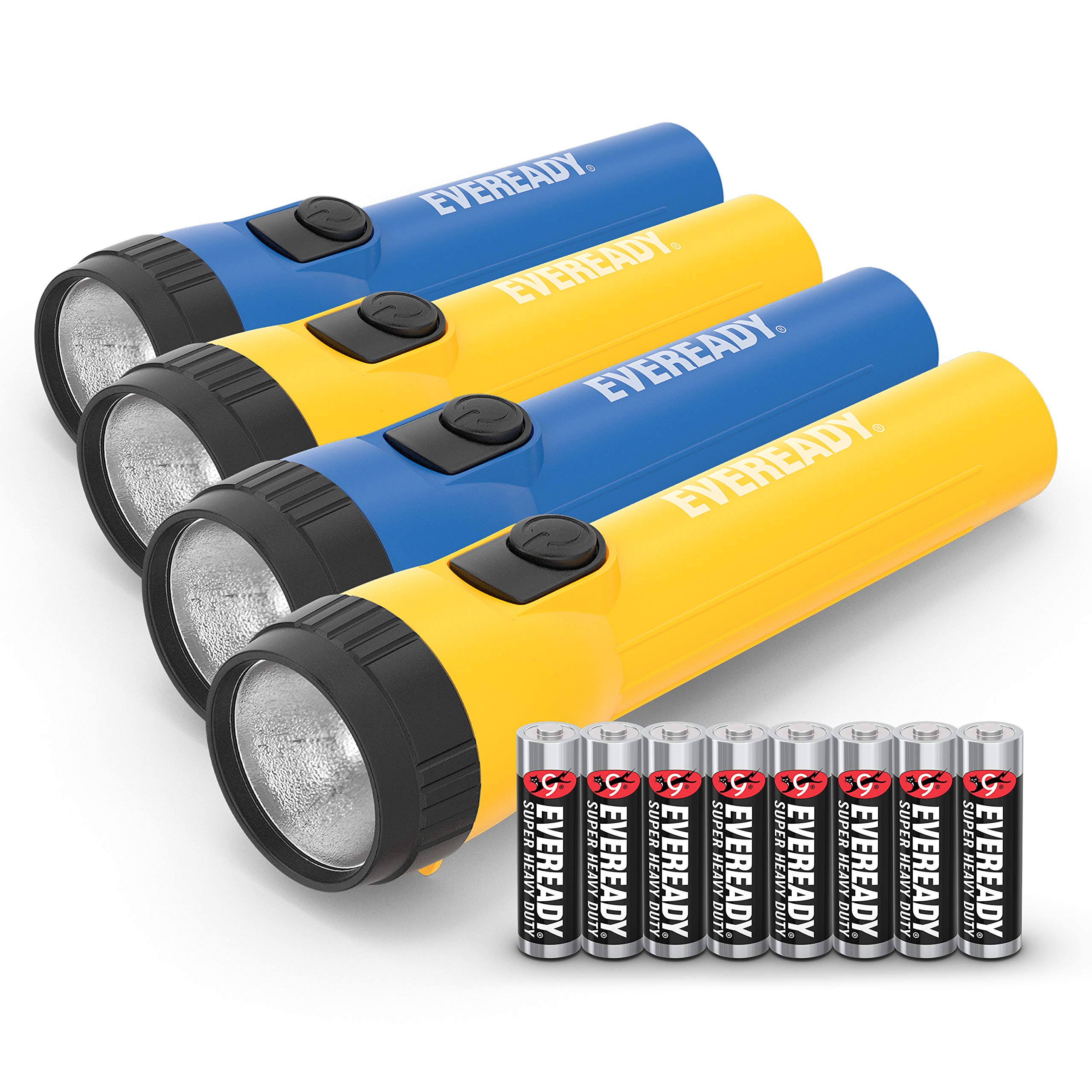Eveready Led Flashlights 4-Pack, Bright Emergency Lights With Aa Batteries, Yellow/Blue