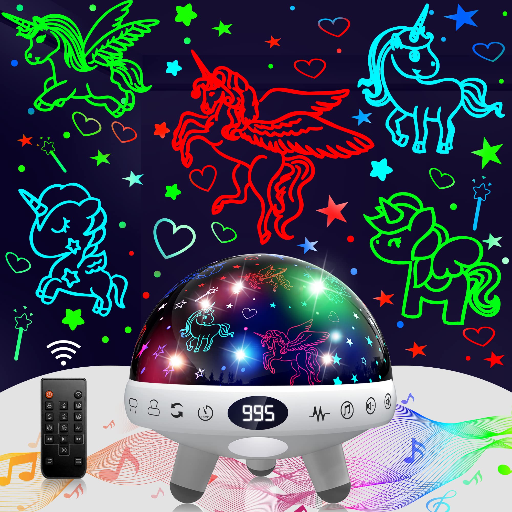 YACHANCE Unicorn Night Light Projector & Sound Machine for Girls, White, 29 Sounds