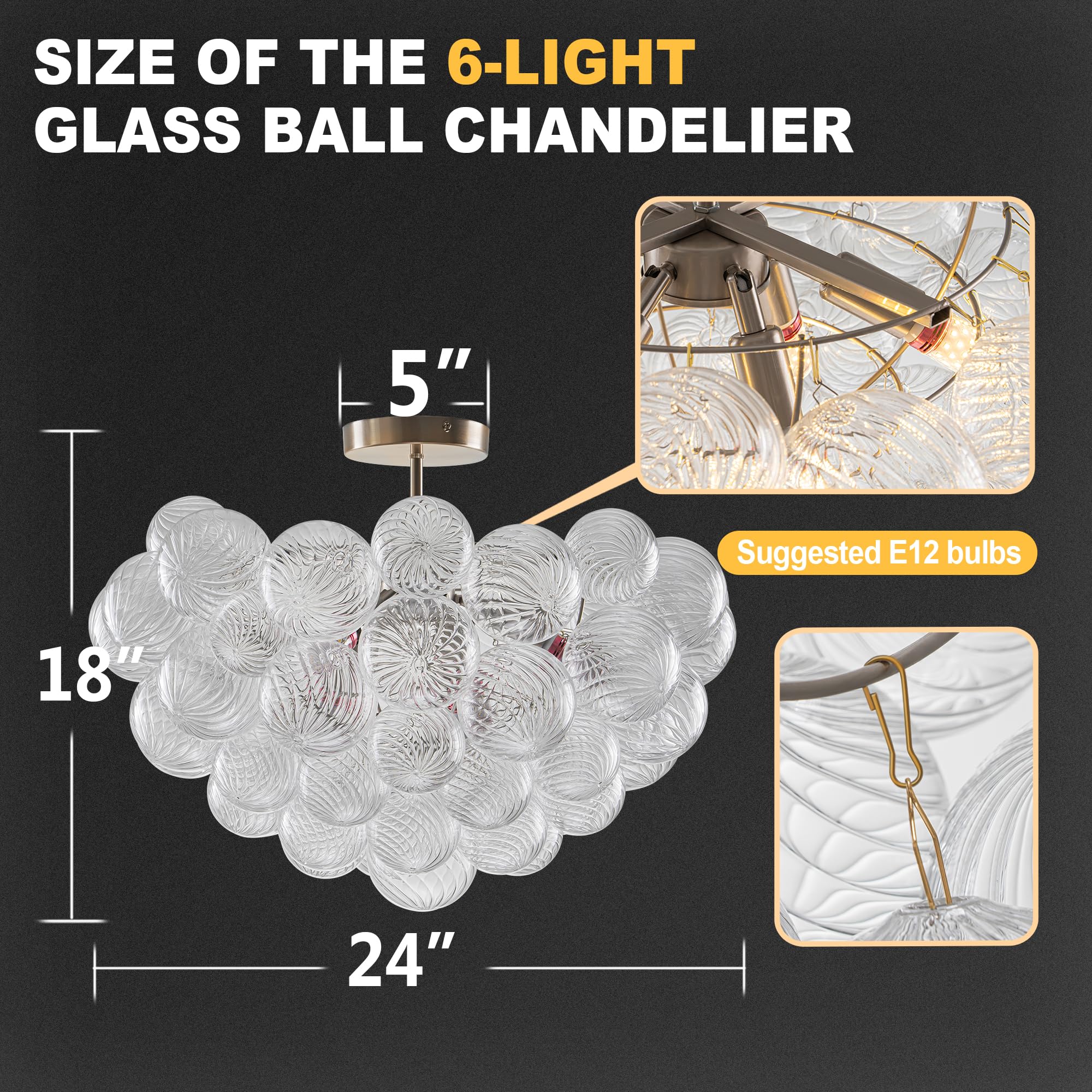 Beypan Bubble Glass Ball Chandelier Nickle Finish 24'' Dia Semi-Flush Mount Ceiling Lights Clear Ribbed Blown Glass Globe Chande