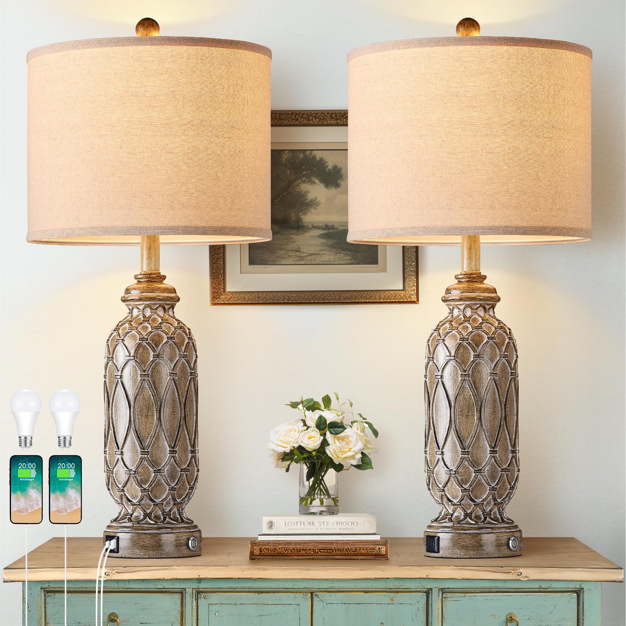 Ireliare Farmhouse Lamps For Bedroom Set Of 2, 28'' Vintagetable Lamps For Living Room With Usb A+C Charging Ports, Touch Lamps 