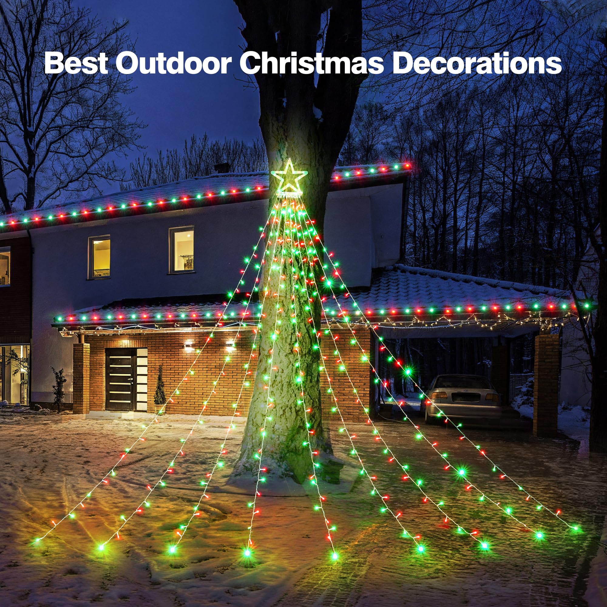 Blctec Outdoor Christmas Decorations 317 Leds Christmas Lights With 9 Strands 11.9Ft Waterfall Christmas Tree Lights  8 Modes  Waterproof  Topper Star & Timer For Yard Patio Xmas D?Or  Red Green