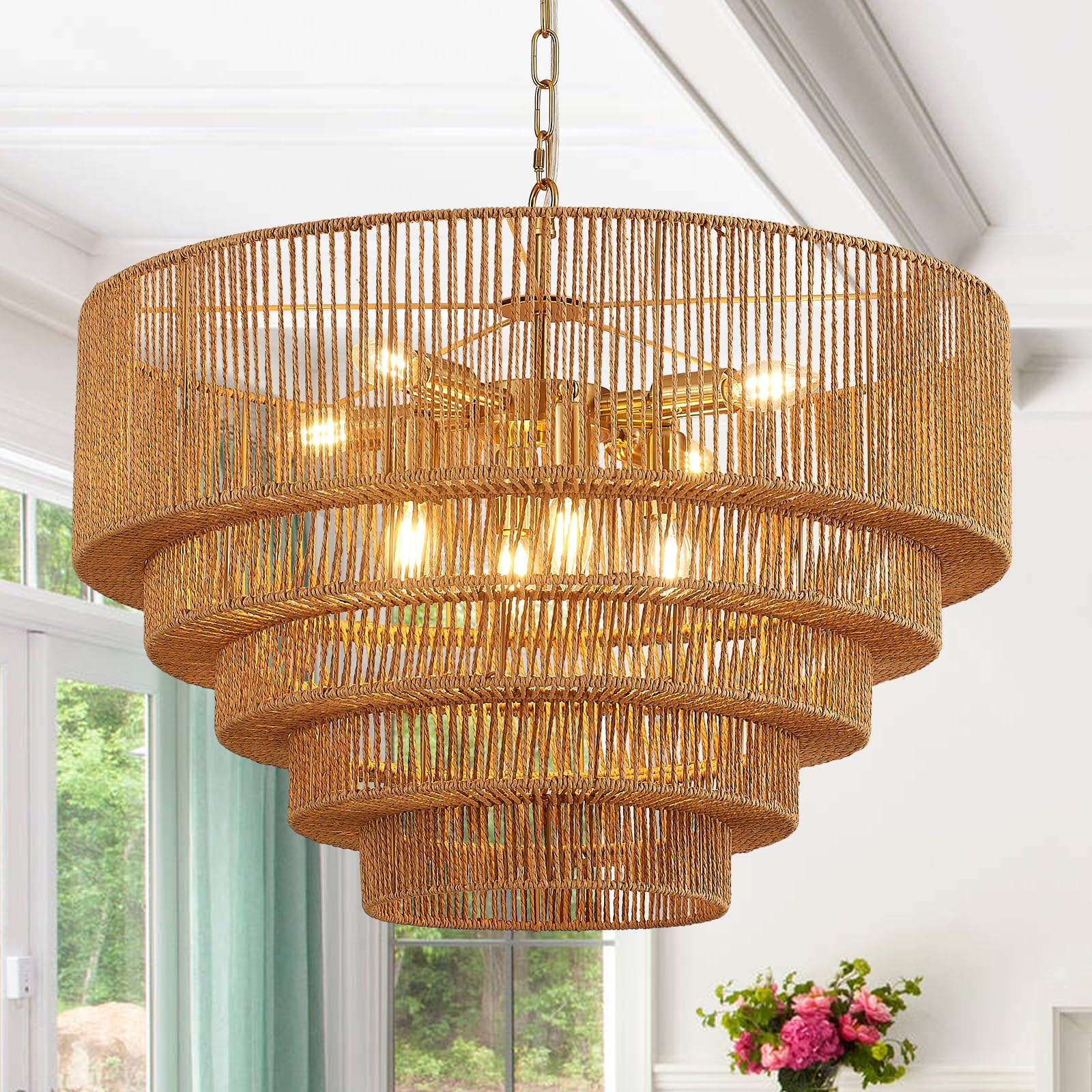 Yomecoo 25.6'' Large Rattan Chandelier Vintage 8-Lights Farmhouse Boho Hand-Woven Bamboo Chandelier Light Fixture Retro Drum Wic