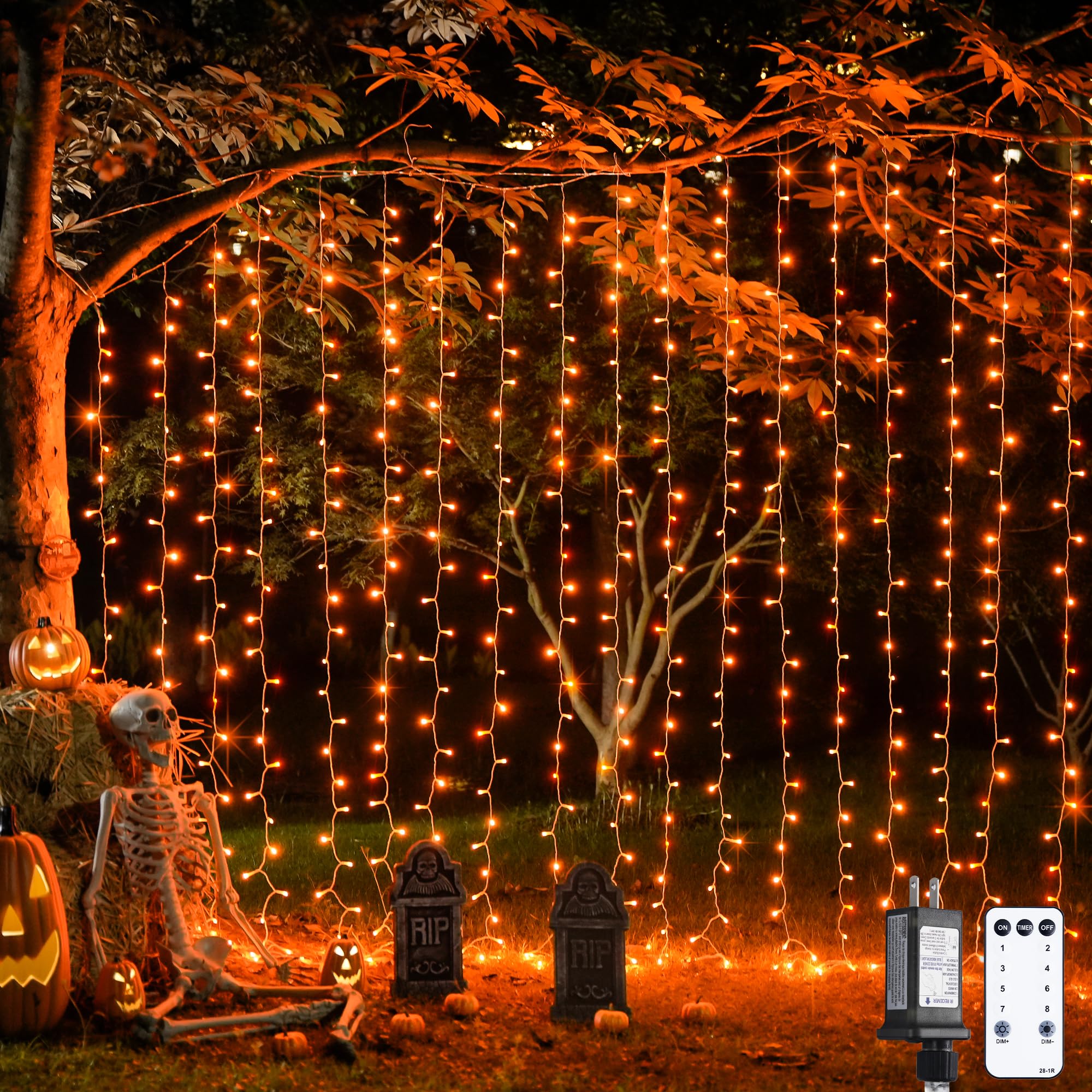 JMEXSUSS 300LED Halloween Curtain Lights with Remote, 8 Modes Orange Hanging String Lights Plug in for Fall Bedroom Party Hallow