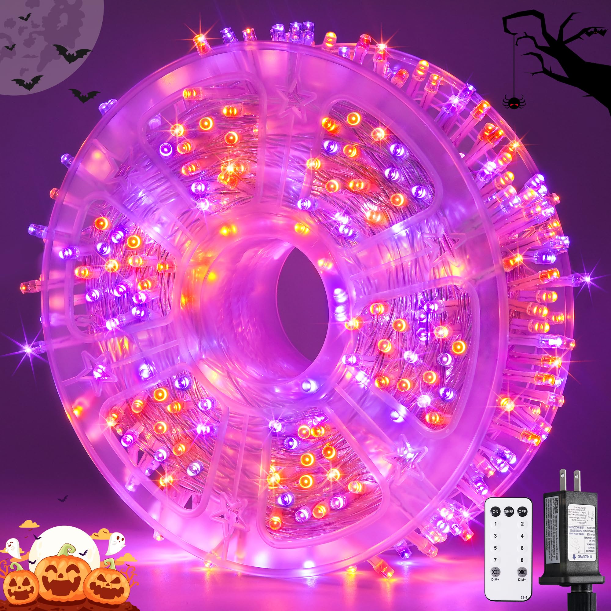 JMEXSUSS Halloween String Lights, 400LED, 132ft Clear Wire, 8 Modes, Orange and Purple, Model EXS-S-0400-R