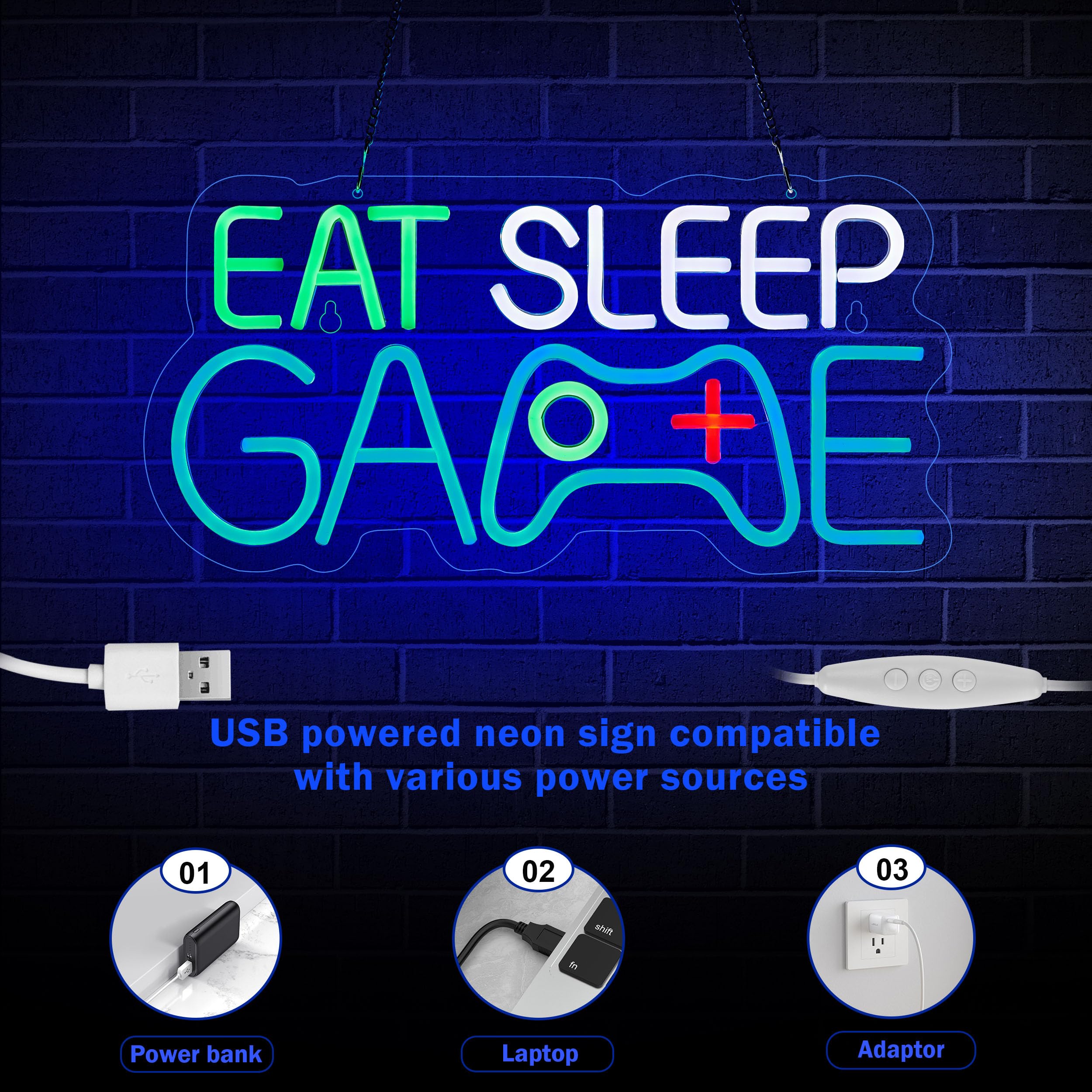 Roouneon LED Neon Sign, EAT SLEEP GAME, Dimmable, Acrylic, 17”x 8”, Blue, Man Cave Decor