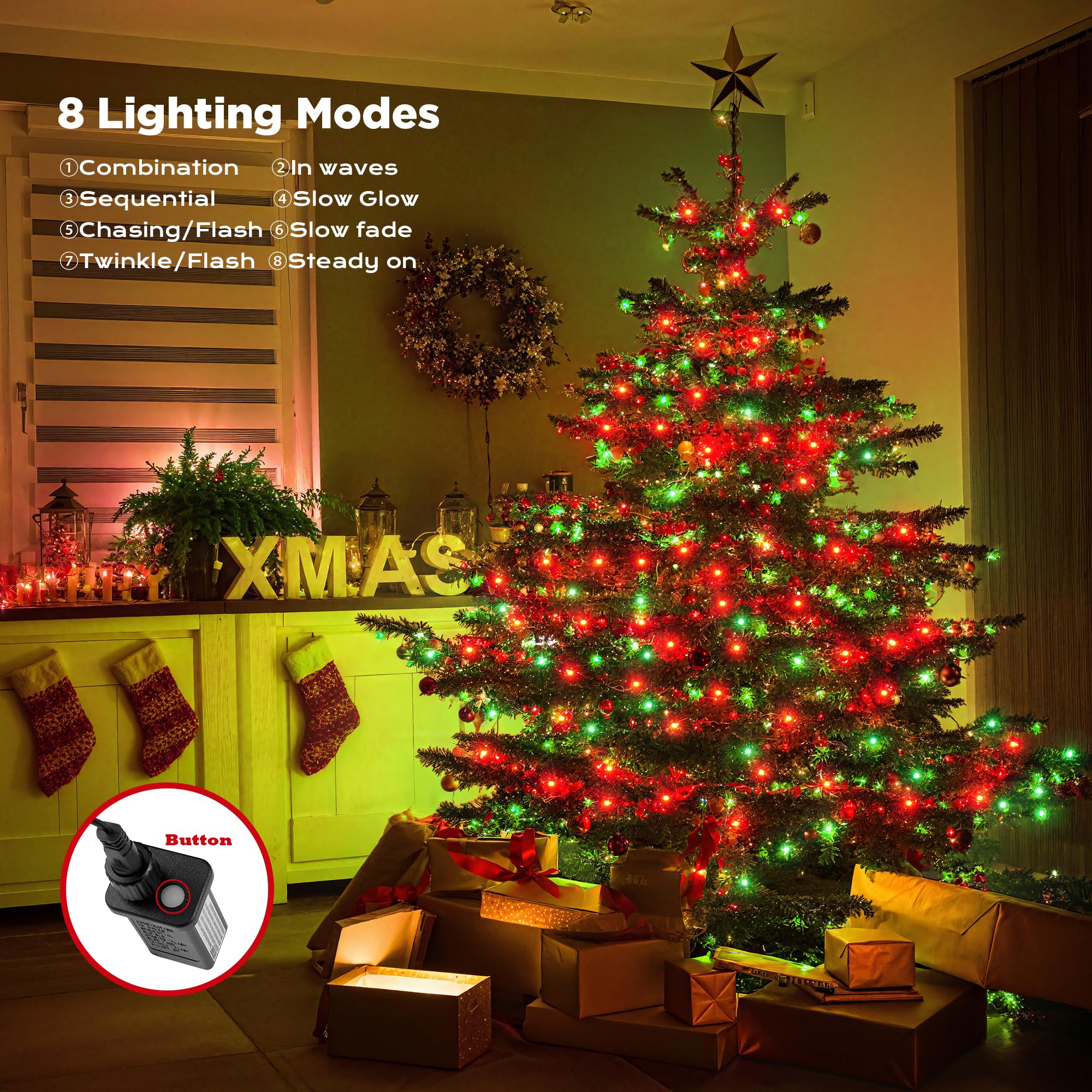Wbao Christmas Lights Indoor Outdoor 500Led 174Ft  Super Bright Led Christmas String Lights With Ul Certified  8 Lighting Modes  Timer  Memory & Waterproof For Trees  Patio  Party Decor  Red Green
