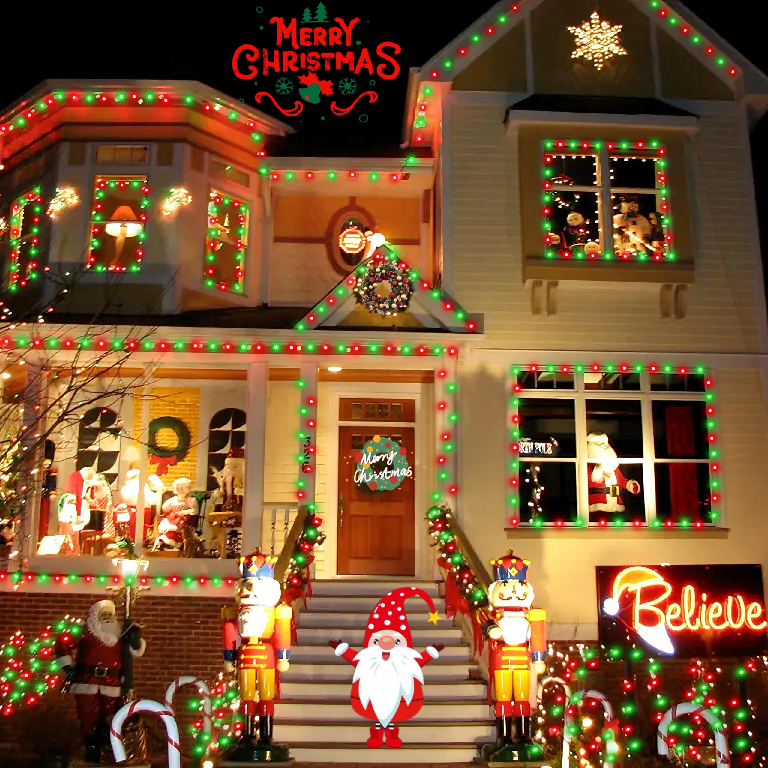 Yeguo Solar Fairy Lights Outdoor Waterproof, 4 Pack Each 33Ft 100 Led String Lights, 8 Modes Silver Wire(Green And Red)