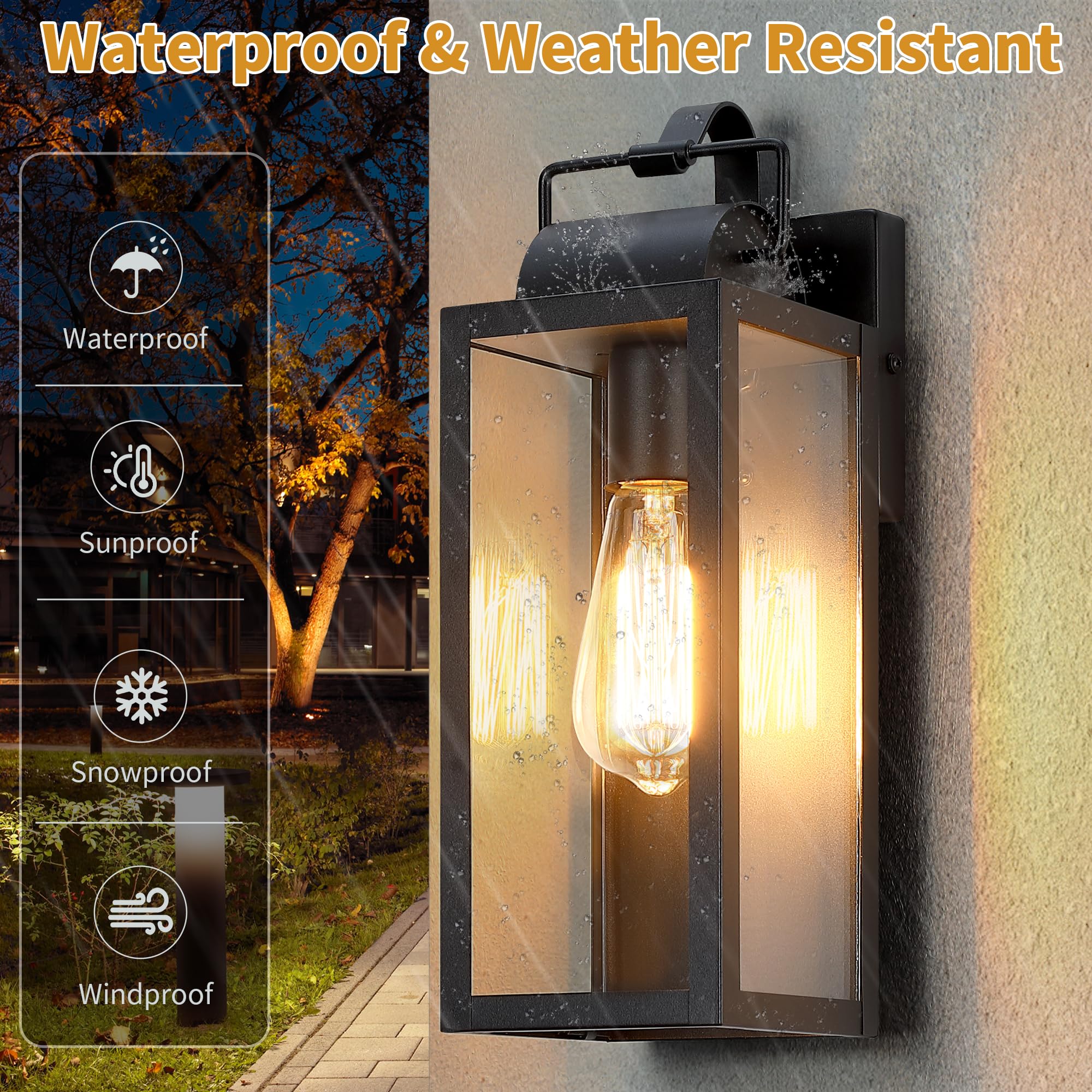 Yklitg 2 Pack 14'' Large Outdoor Wall Light Fixture, Sand Black Exterior Wall Lantern,Industrial Sconce With Clear Glass Shade F