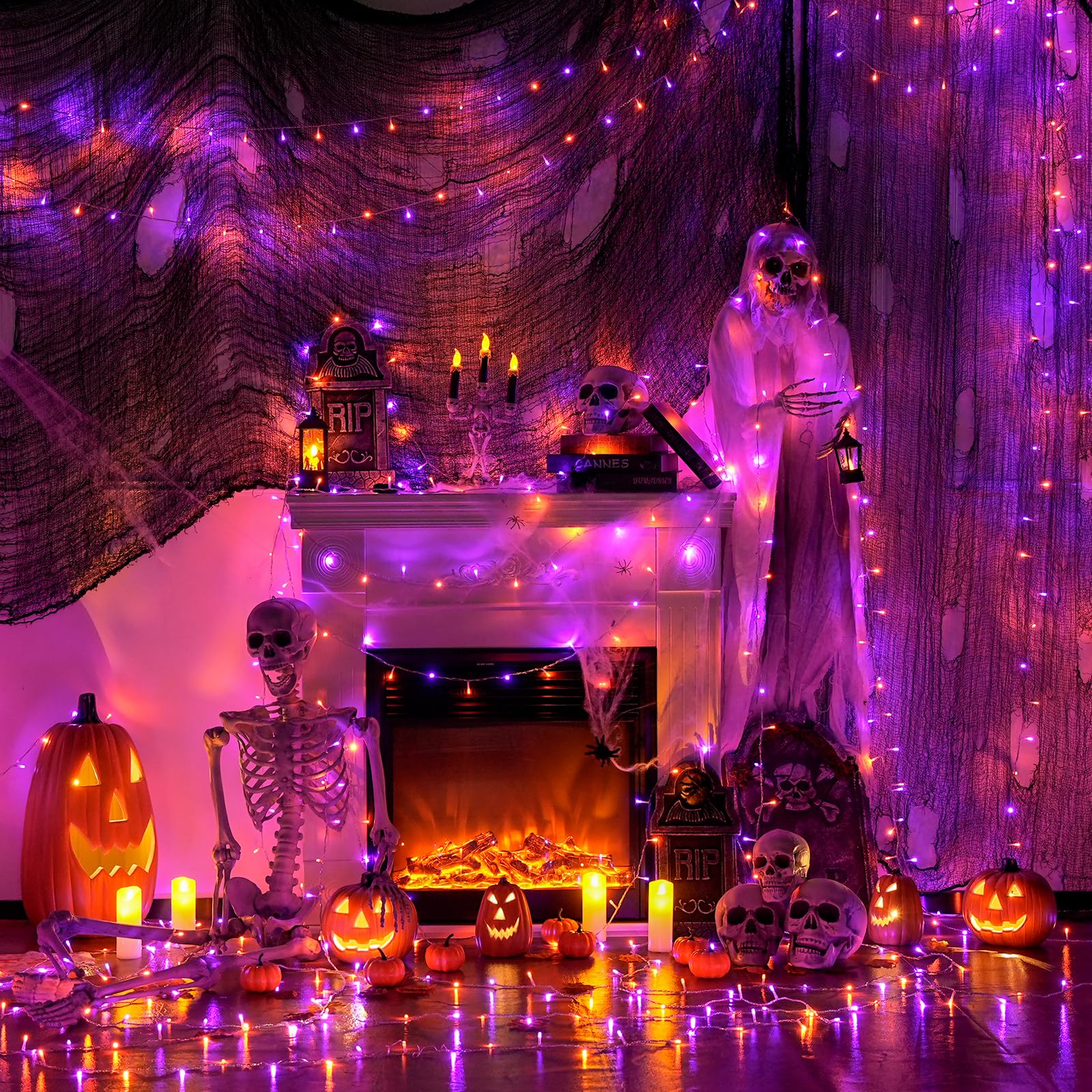 JMEXSUSS Halloween String Lights, 400LED, 132ft Clear Wire, 8 Modes, Orange and Purple, Model EXS-S-0400-R