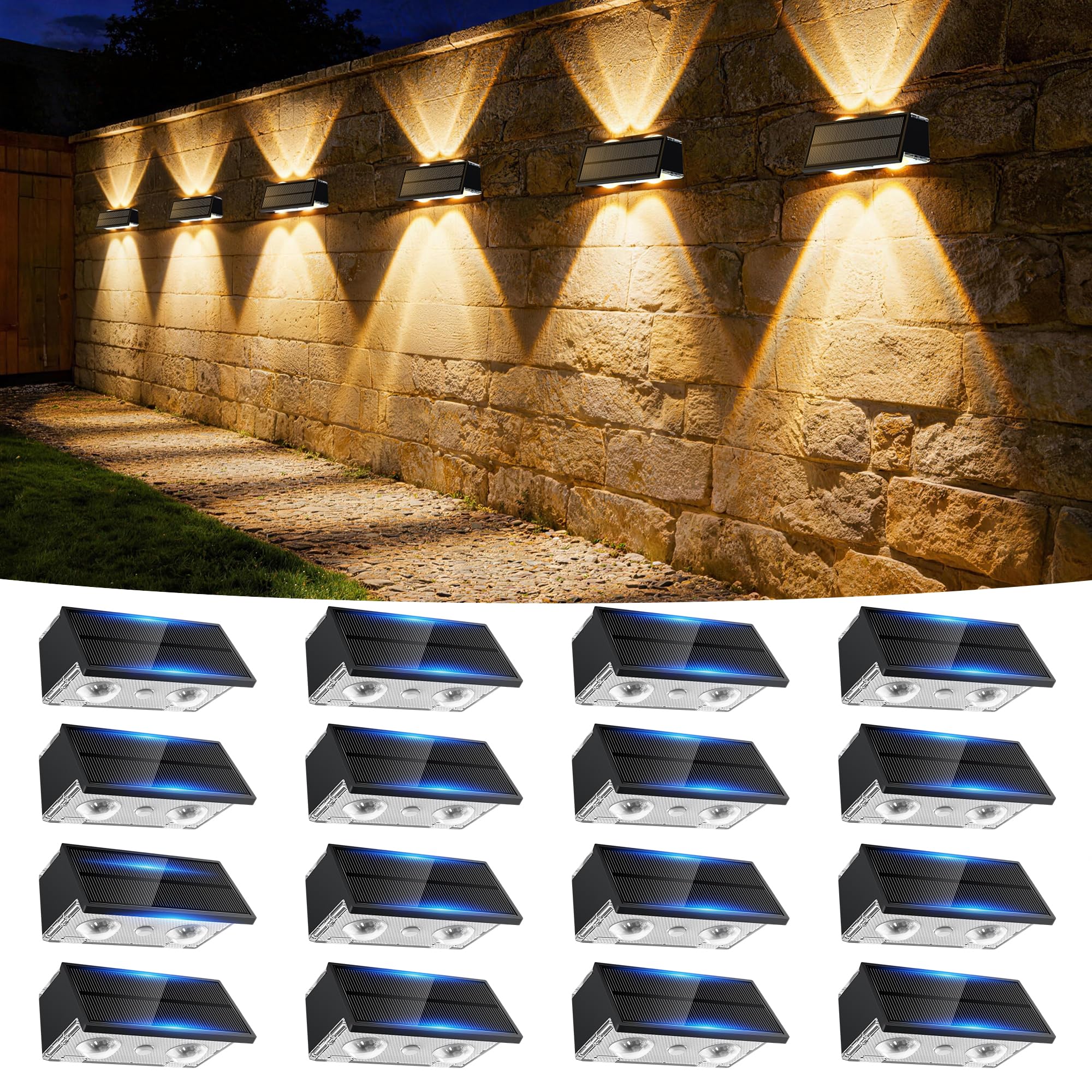 Toeuie Solar Fence Lights Outdoor, 16 Pack 100LM Fence Lights Solar Powered Waterproof, 9 Color Modes, Up & Down LED Focused Bea