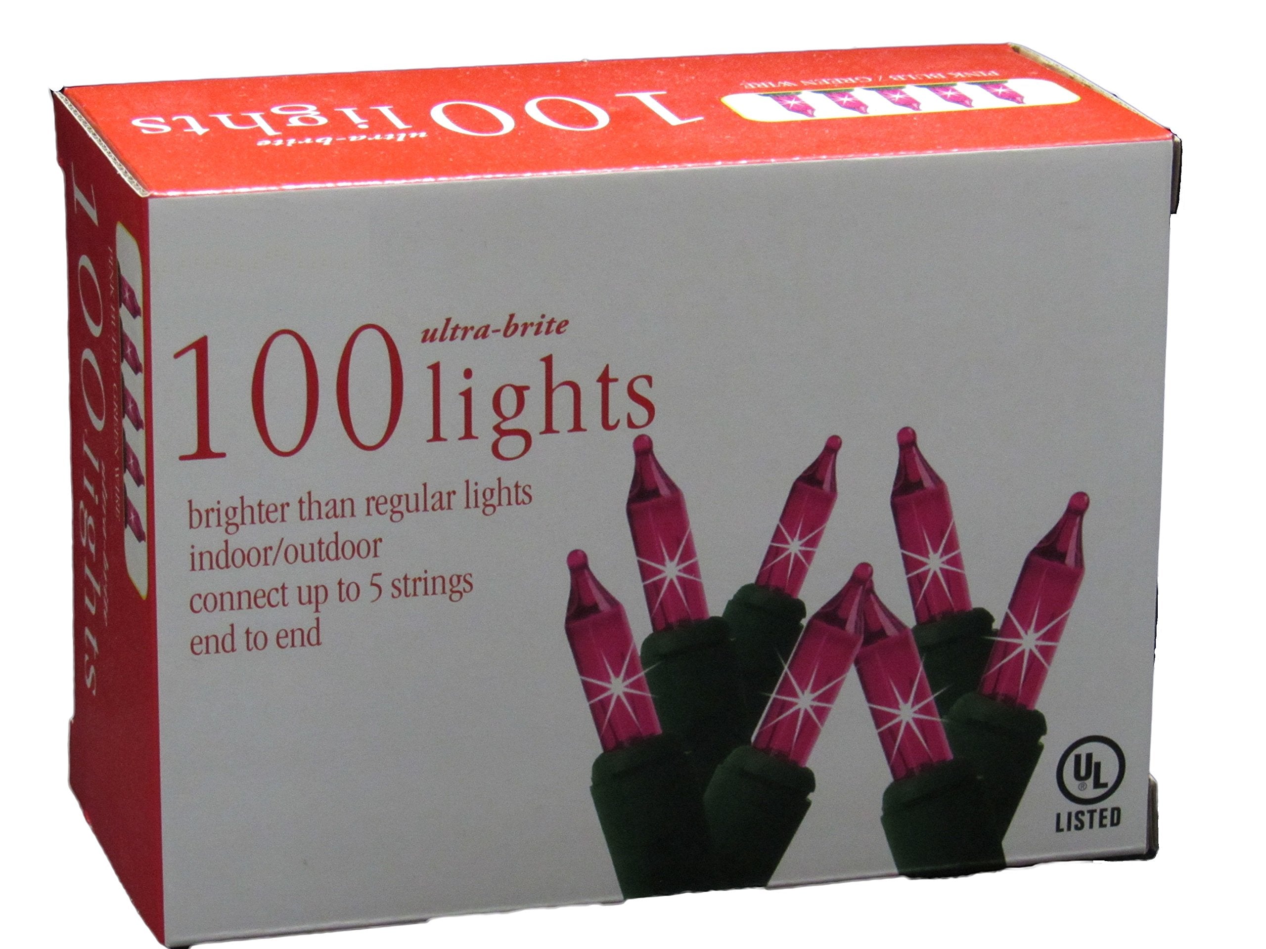 Holiday Pride Pink Lights With Green Wire - 100 Count Pink Christmas Tree Lights (22.5 Ft) - Indoor/Outdoor Use - Ul Listed - Static/Flashing Modes
