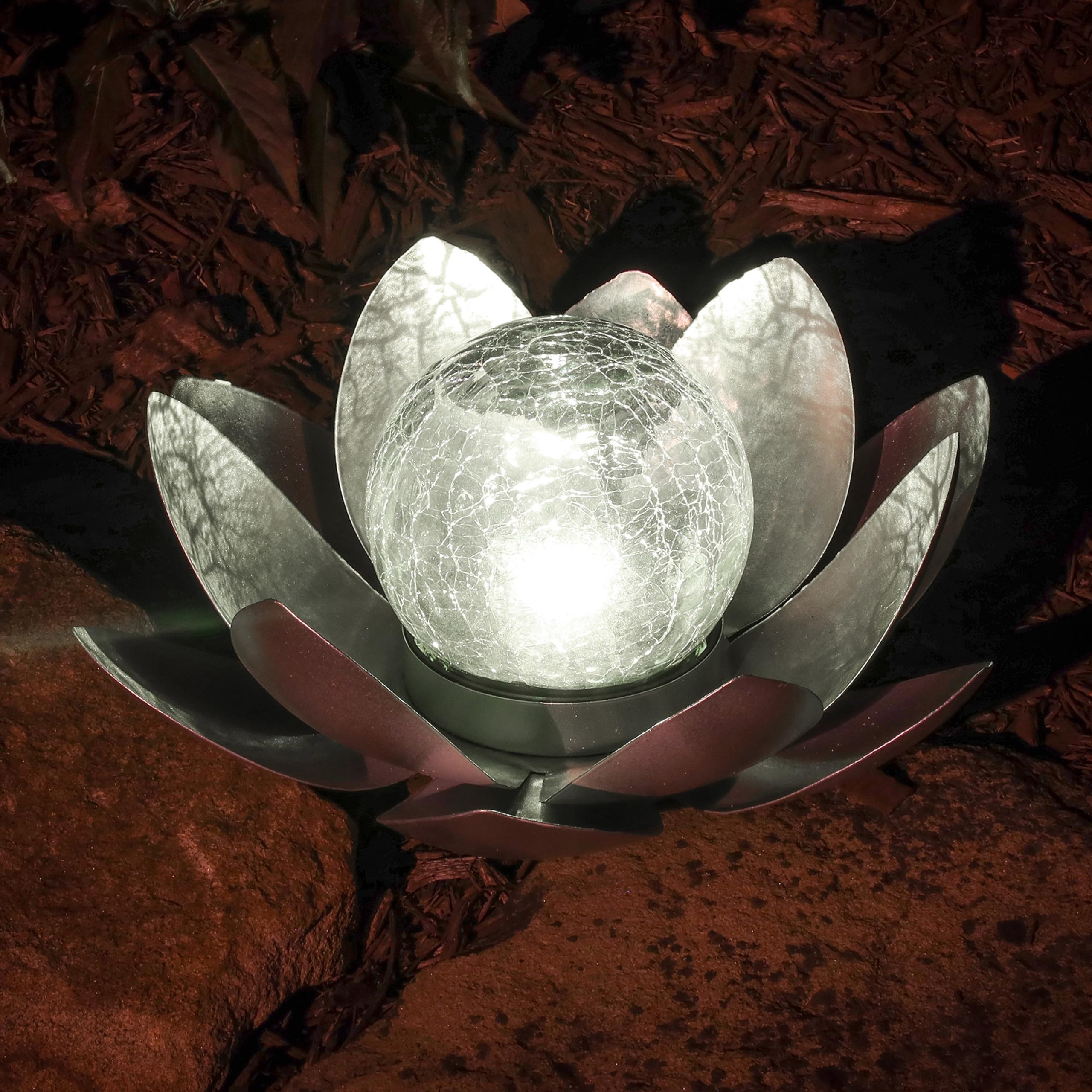 MooneLit Creations MCSLOTUS-S Silver Lotus Flower Solar LED Garden Light with Crackled Glass Globe - Waterproof Metal Outdoor D 