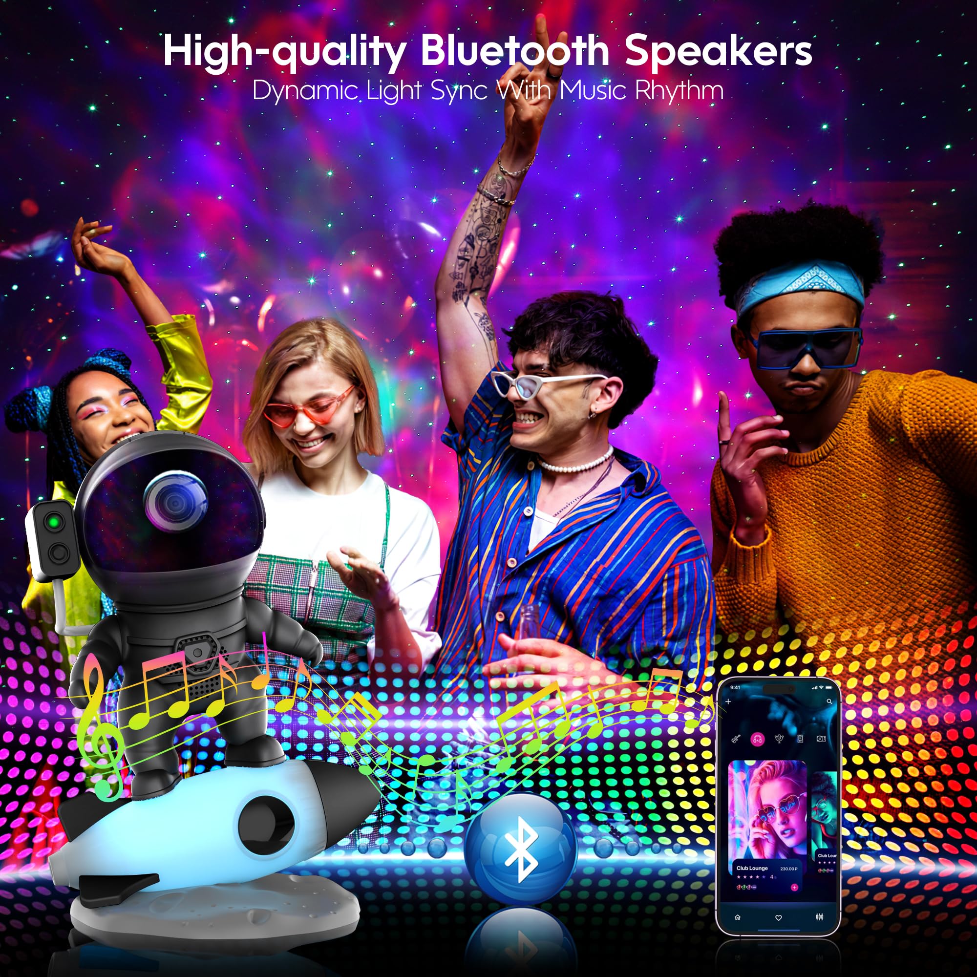 Astronaut Galaxy Projector, Star Projector Rocket Night Light For Kids Room, 360 Adjustable Magnetic Head, Bluetooth Speaker, Ti