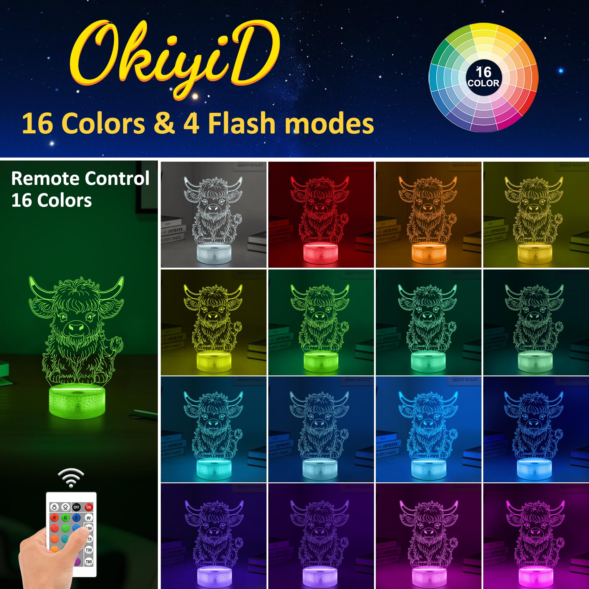 Okiyid Highland Cow Gifts For Boys Girls Highland Cow Night Light 3D Illusion Lamp With 16 Colors Changing Moo Decor For Kids Room Decor Birthday Gifts