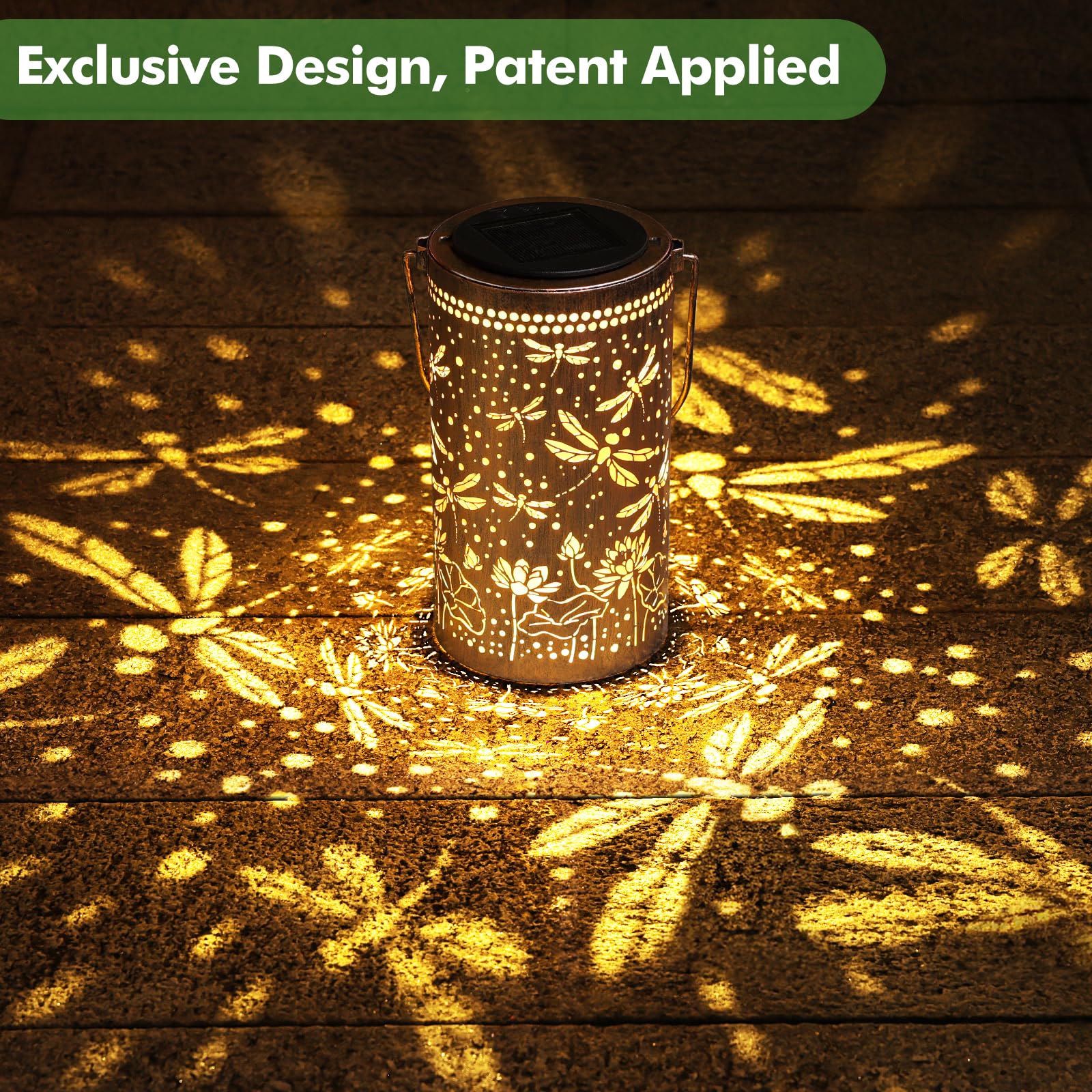 Fabuday Dragonfly Lotus Solar Lantern, Waterproof Hanging LED Light for Garden, Bronze, Model FD-152