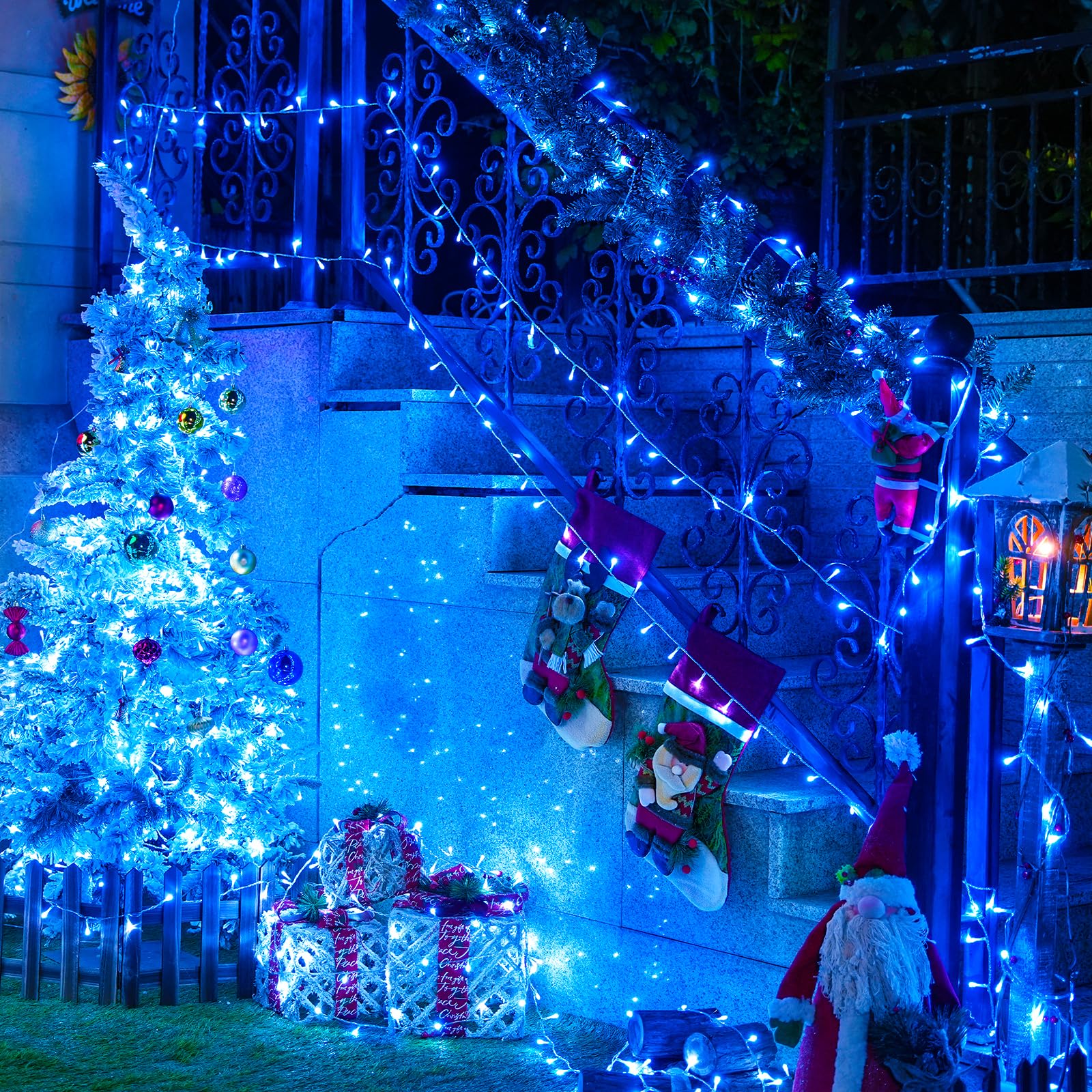 JMEXSUSS 150 LED Blue String Lights, Waterproof, 59 Ft, Connectable, 8 Modes for Indoor Outdoor Holiday Decorations