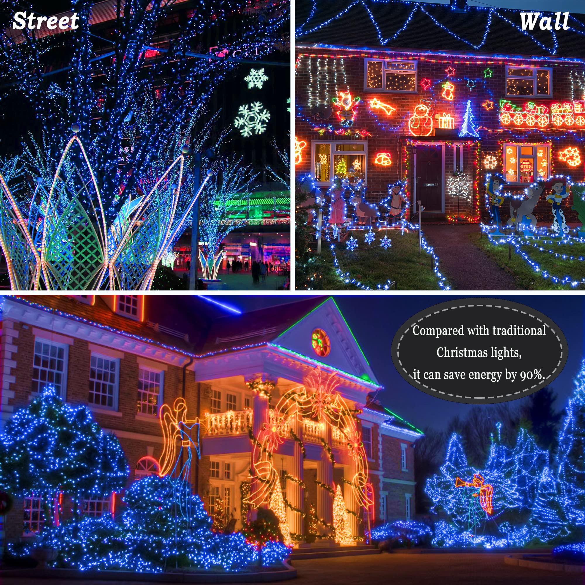 Knonew 500 Led Outdoor Christmas Lights, 197Ft Waterproof String Lights, Blue, 8 Modes, Model 68Kn-168Lig-Niu