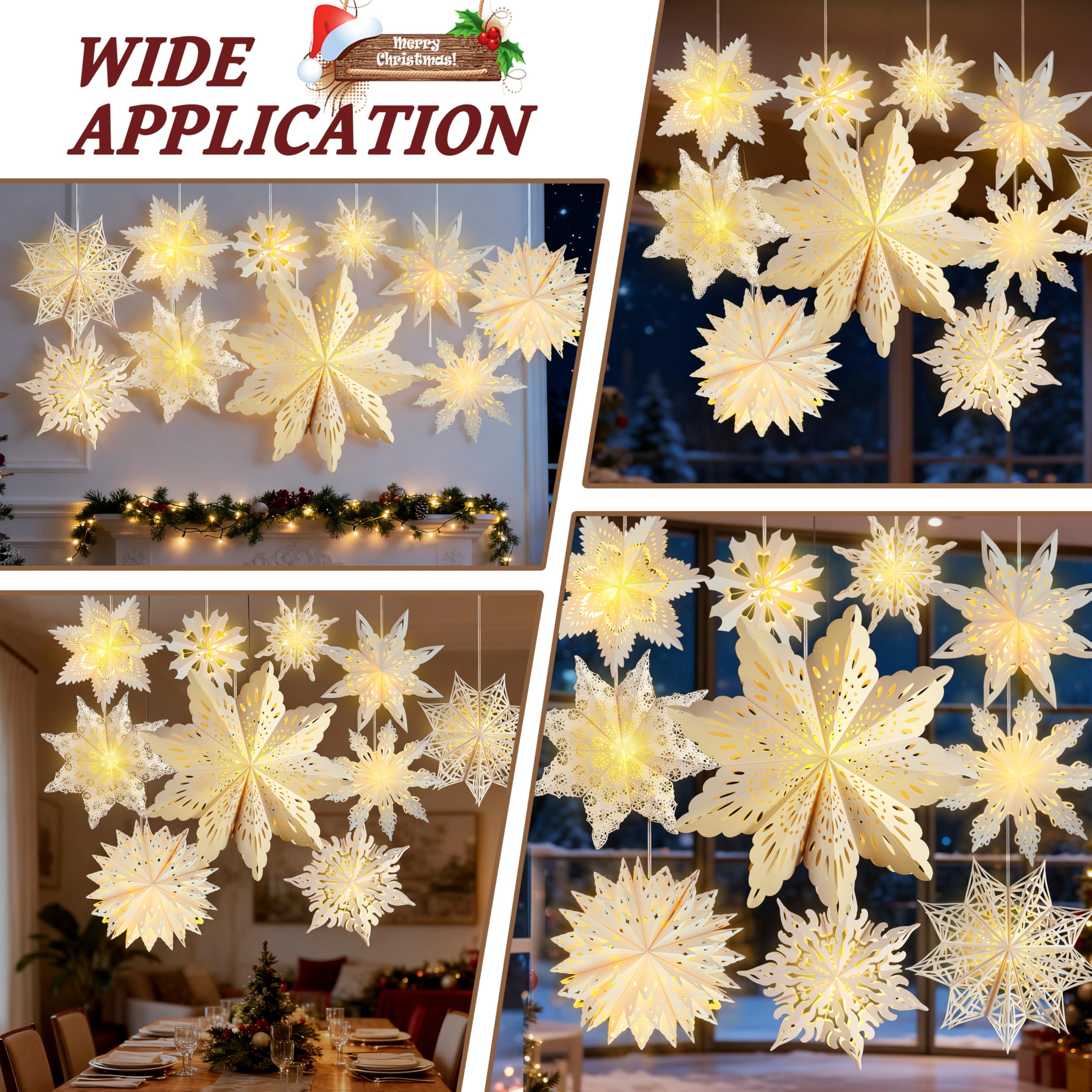 OuMuaMua 10 Pcs Christmas Paper Snowflake Lanterns - Large White Star Lanterns with LED Lights for Holiday Party Decorations