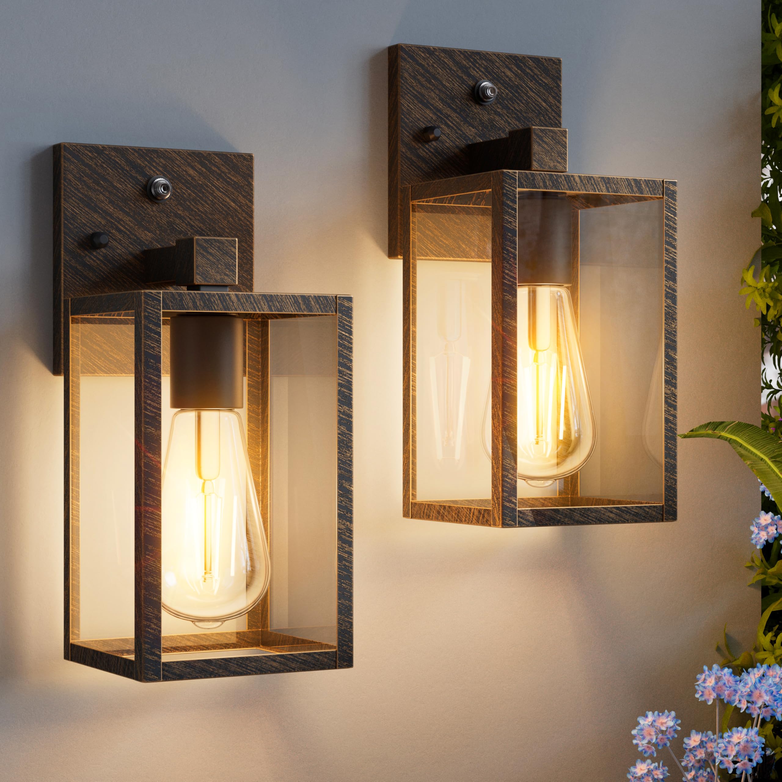 2 Pack Black Brush Gold Dusk To Dawn Exterior Lighting Fixtures Wall Mount  Sensor Outside Front Porch Lights For House  Outdoor Lantern Lamp  Wall Sconce Lights  Coach Light For Garage Entryway