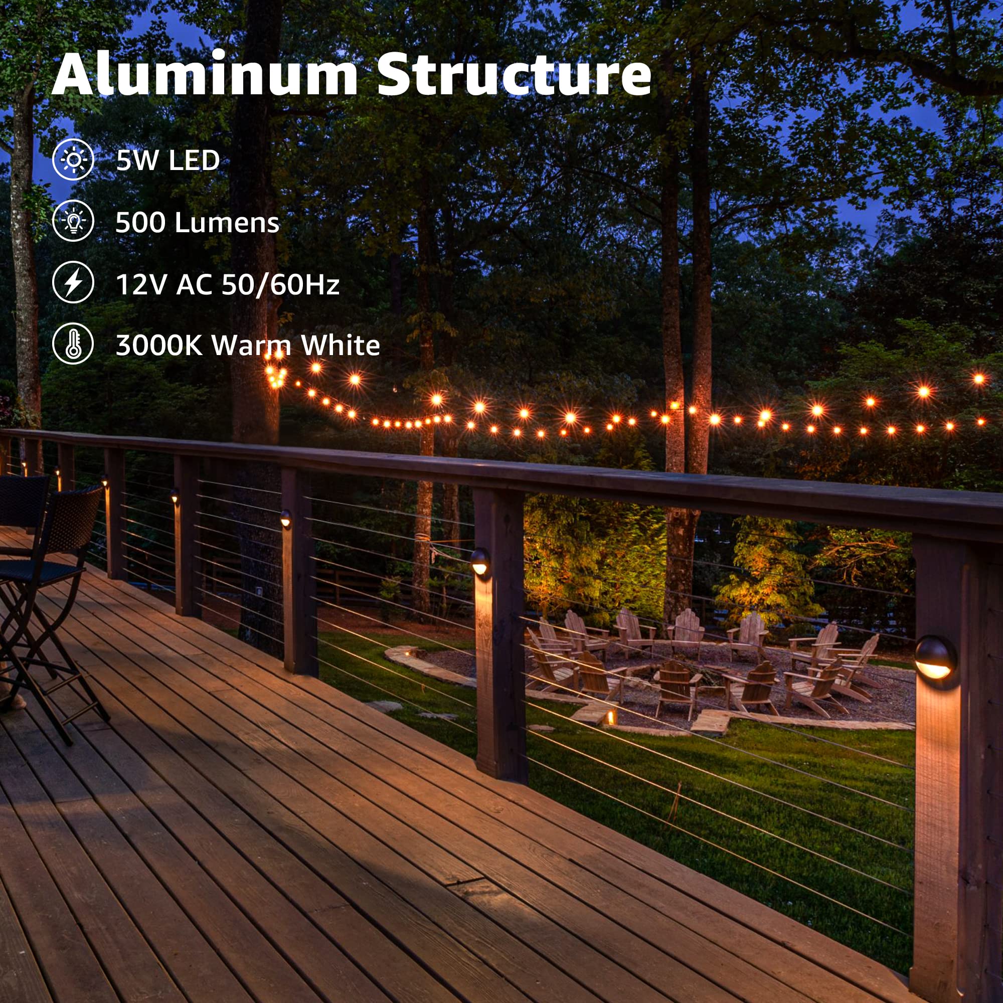 SUNVIE Low Voltage Deck Lights, 5W LED Warm White, 8 Pack, Aluminum, 3000K, 12-24V AC/DC, ETL Listed, Model 603