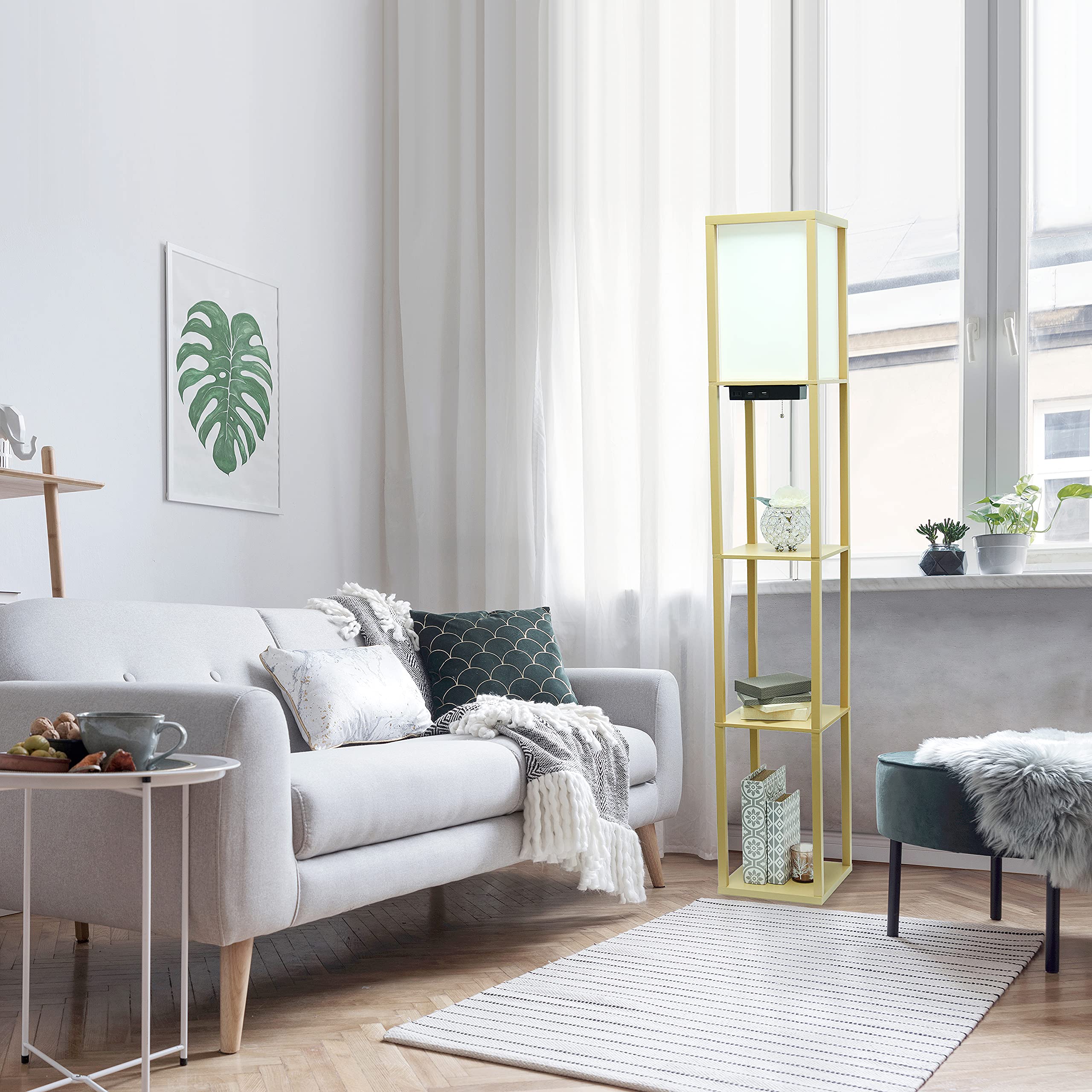 Simple Designs Lf1037-Tan Floor Lamp Etagere Organizer Storage Shelf With 2 Usb Charging Ports, 1 Charging Outlet And Linen Shade, Tan