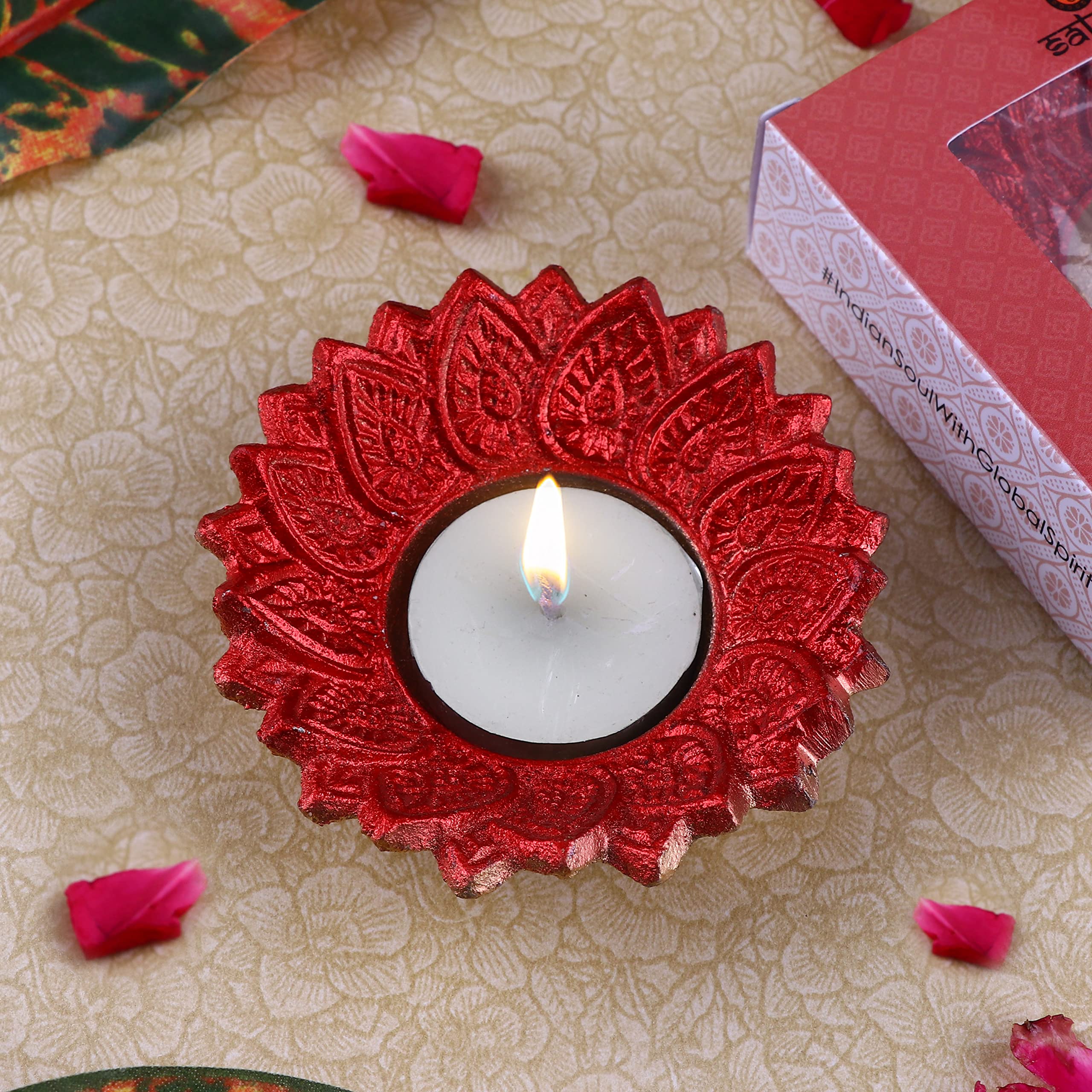 Satvik 2 Pc Chandrarupa Diya Floral Red Lotus Flower Shape Candle Tea Light Holder Oil Lamp Diwali Indian Indoor Home Mandir Pujan Pooja Office Temple Decor Dia Housewarming Return Gift Items