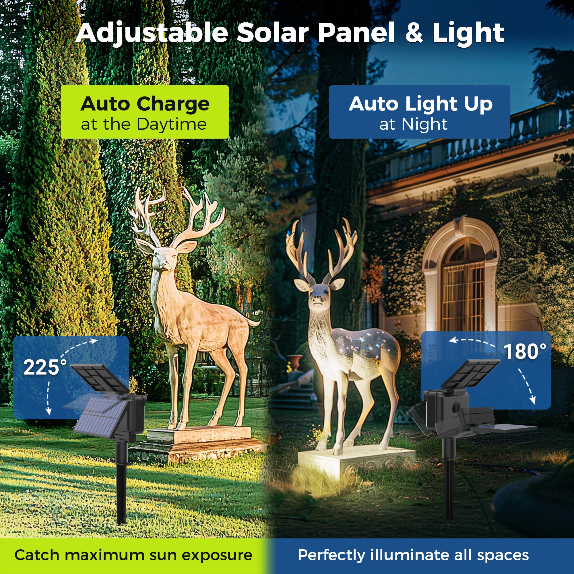 AUDERWIN Solar Spot Lights Outdoor Waterproof 4 Pack Natural Light Model 9792 for Garden, Yard, Tree, House, Landscape Uplighting