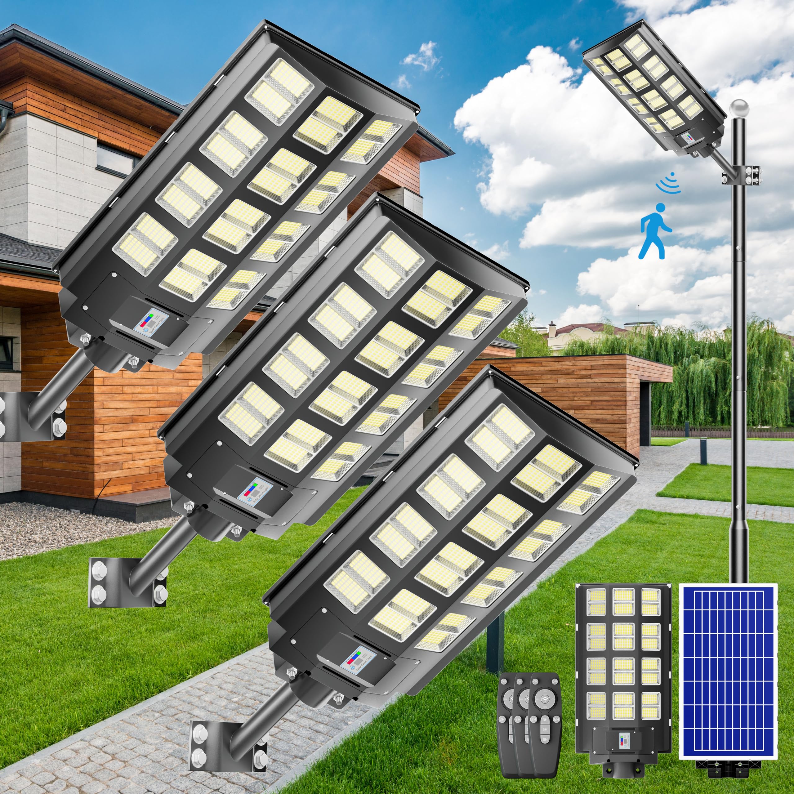 Jadisi 3-Pack 3200W Solar Street Light-240000Lm Ip67 Waterproof, Dusk To Dawn,Solar Street Lights Outdoor,With Motion Sensor Rem