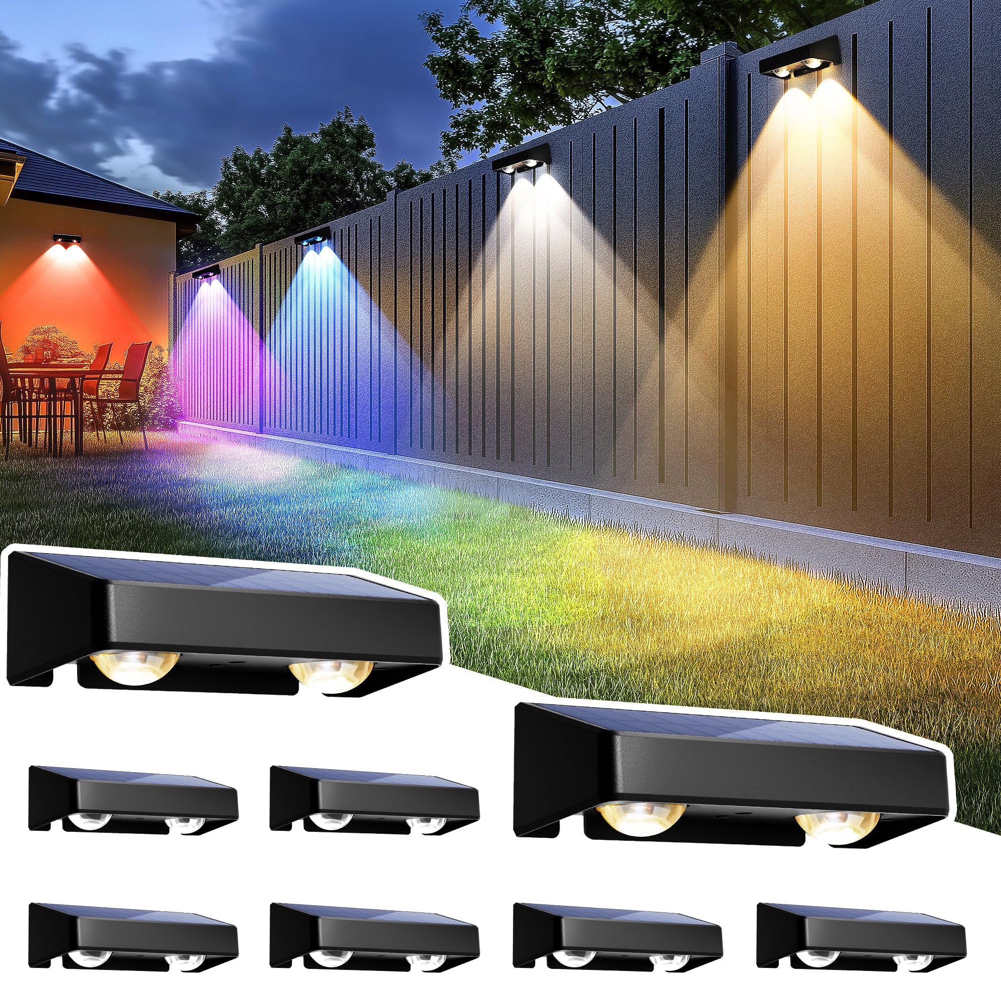 SOLPEX Solar Fence Lights Outdoor, 9 Fixed Colors & Color Changing Fence Solar Lights Outdoor Waterproof IP65, LED Deck Lighting