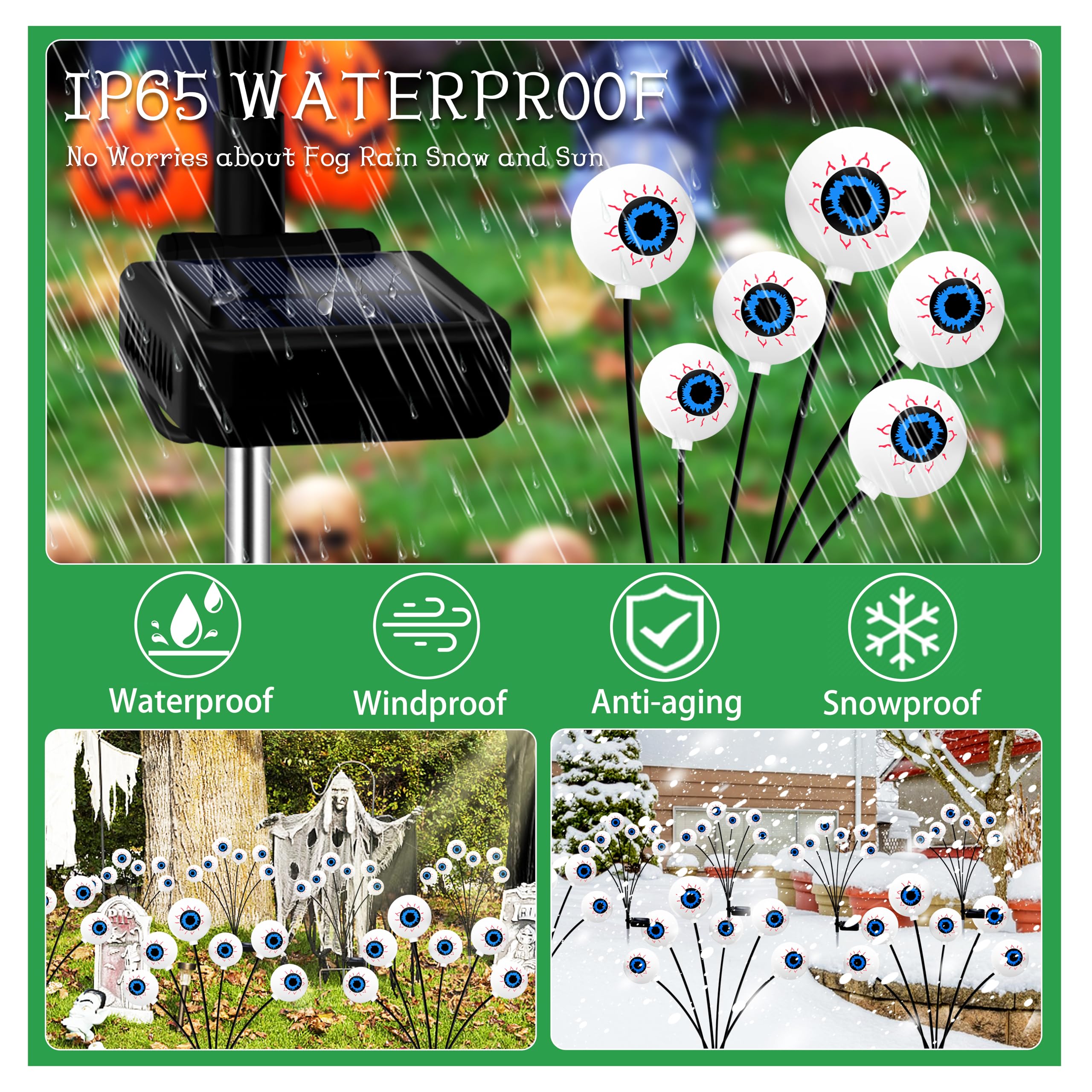 Kohlrabi Halloween Outdoor Decorations, 4 Pack 24 Led Green Eyeball Swaying Lights, Waterproof