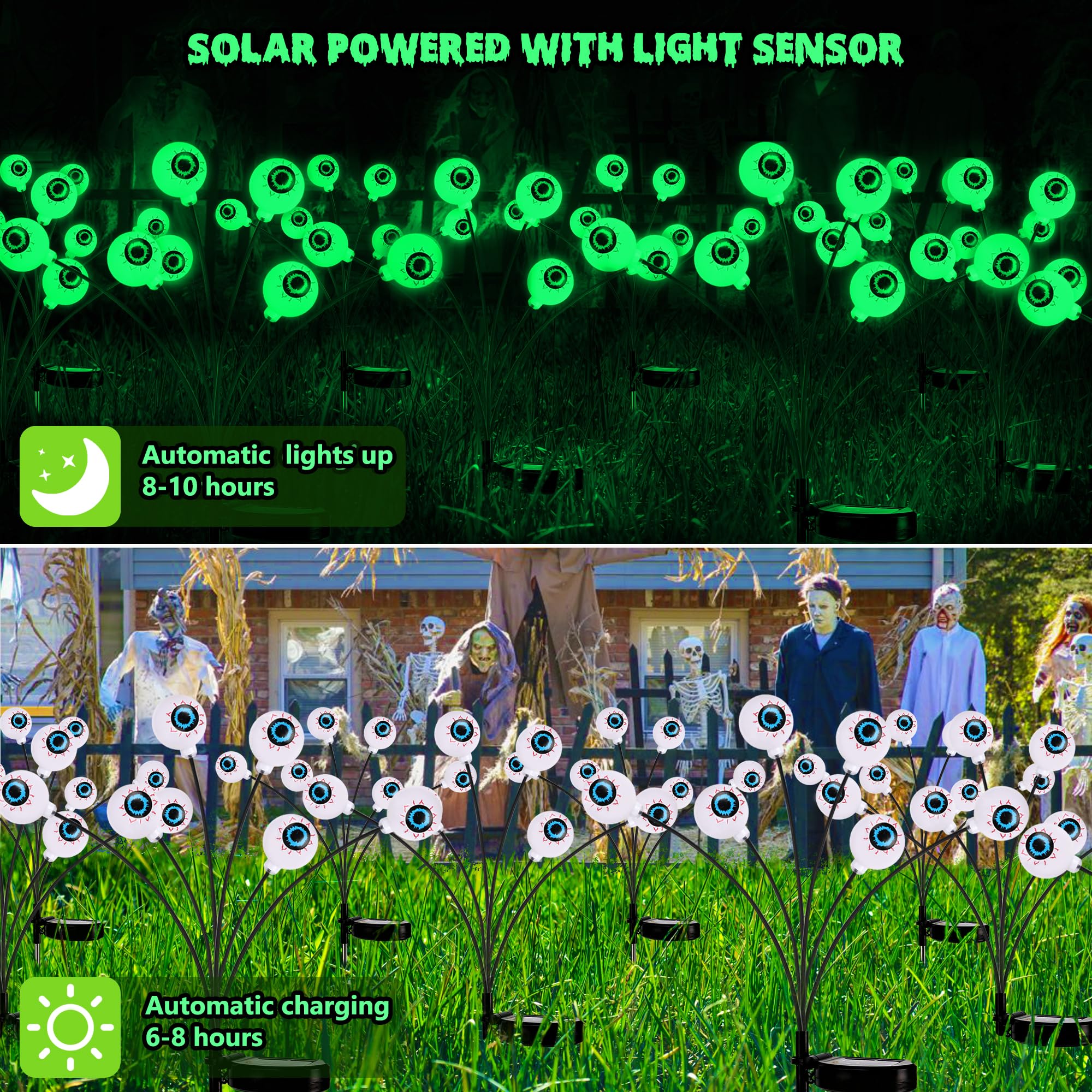 Brizlabs 4 Pack 24 Led Halloween Solar Lights  2 Modes Outdoor Halloween Eyeball Pathway Lights  Solar Spooky Walkway Light Waterproof  Green Swaying Firefly Lighting For Path Yard Garden Lawn