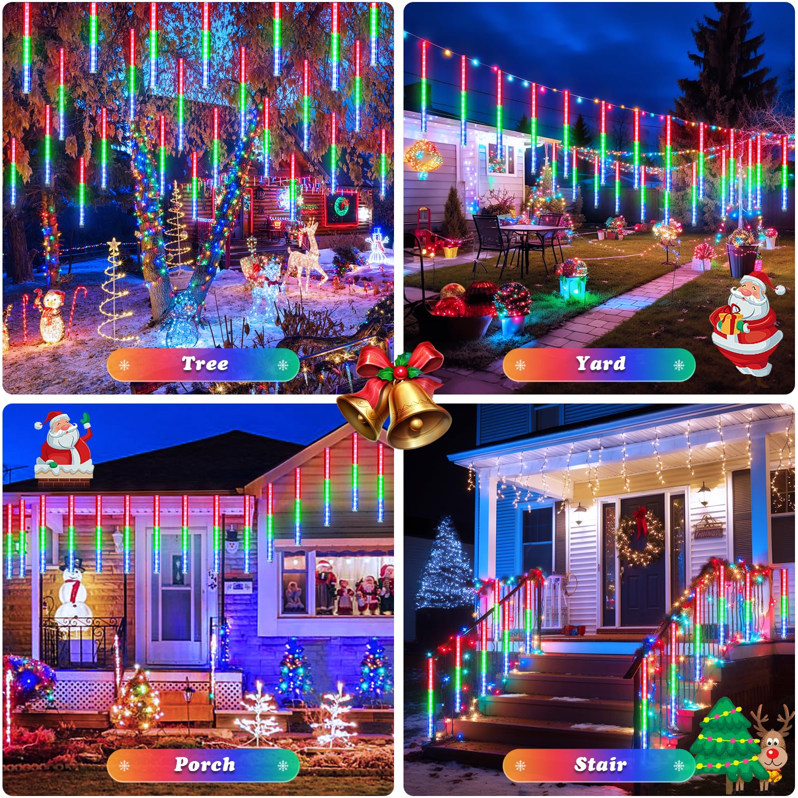 Jmexsuss 2 Pack Multicolor Meteor Shower Lights Outdoor, Each 8 Tube 192 Led Christmas Lights, Waterproof Plug In Icicle Lights For Outside Tree Xmas Party Patio Decoration