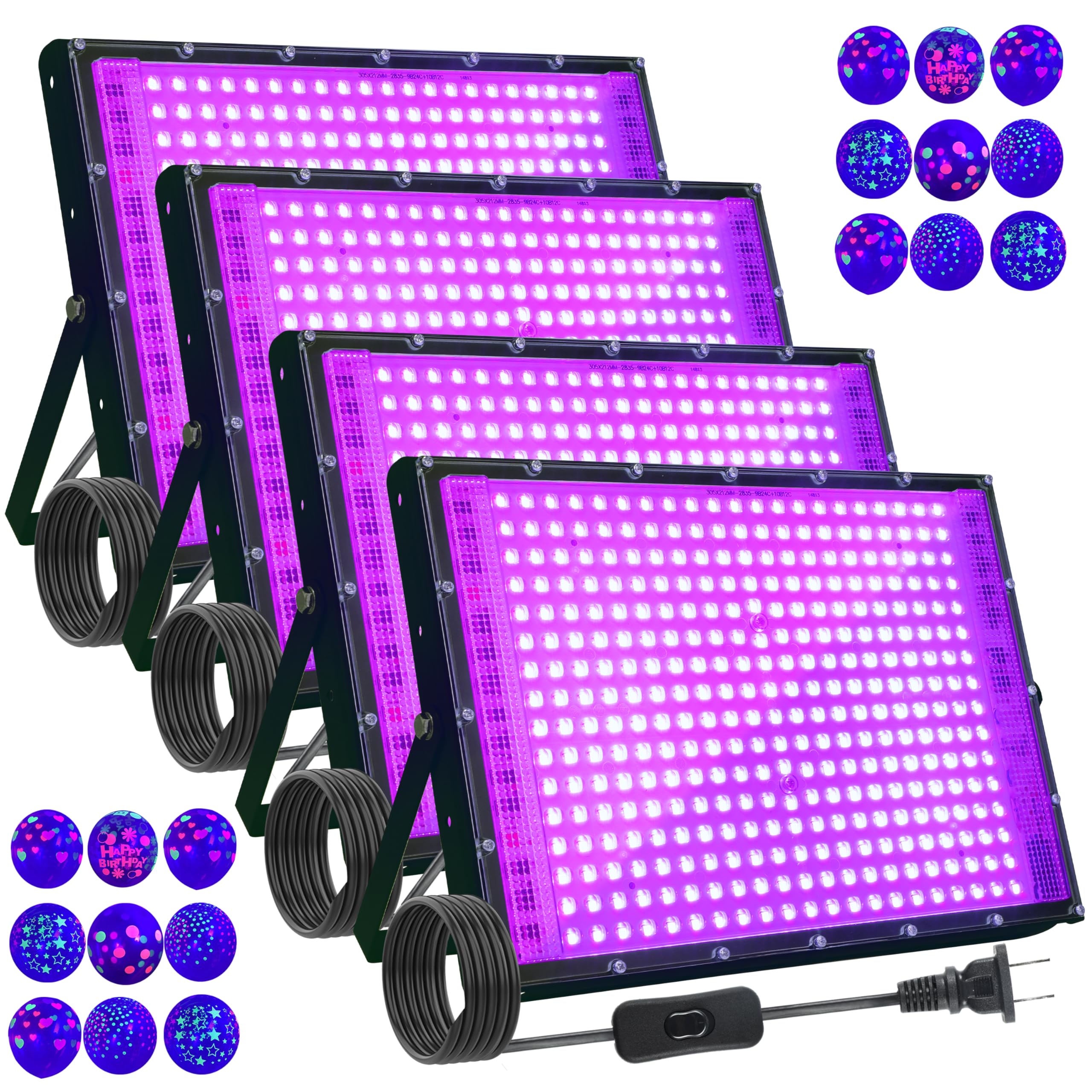 4 Pack 300W Blacklight 336 LEDs, UV Lamp Black Lights for Glow Party, 395nm, IP65 Outdoor Black Light Fixture for Halloween, Glo