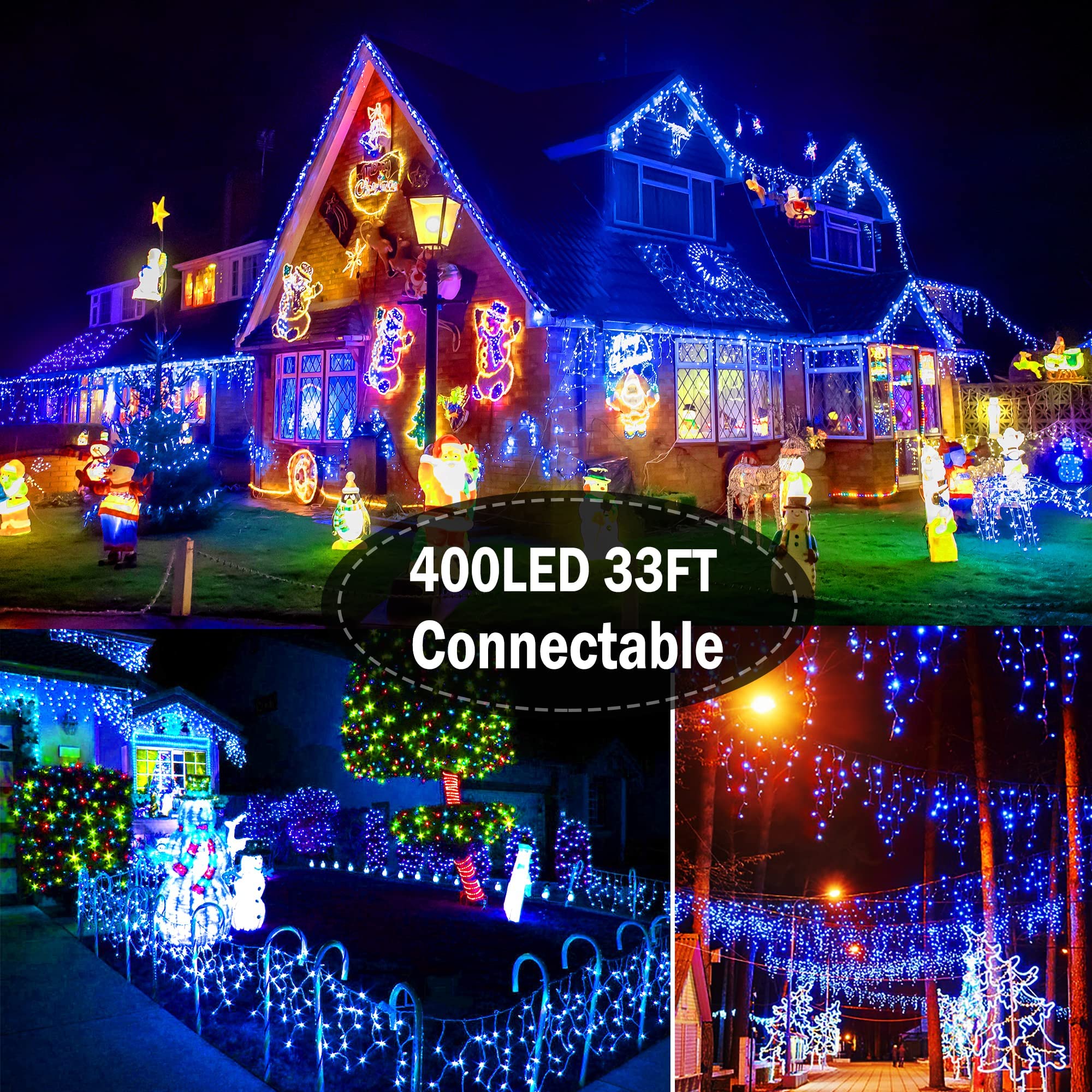 Knonew Christmas Lights Outdoor Decorations 400 Led 33Ft 8 Modes Curtain String Light With 75 Drops, Clear Wire Led Fairy Light