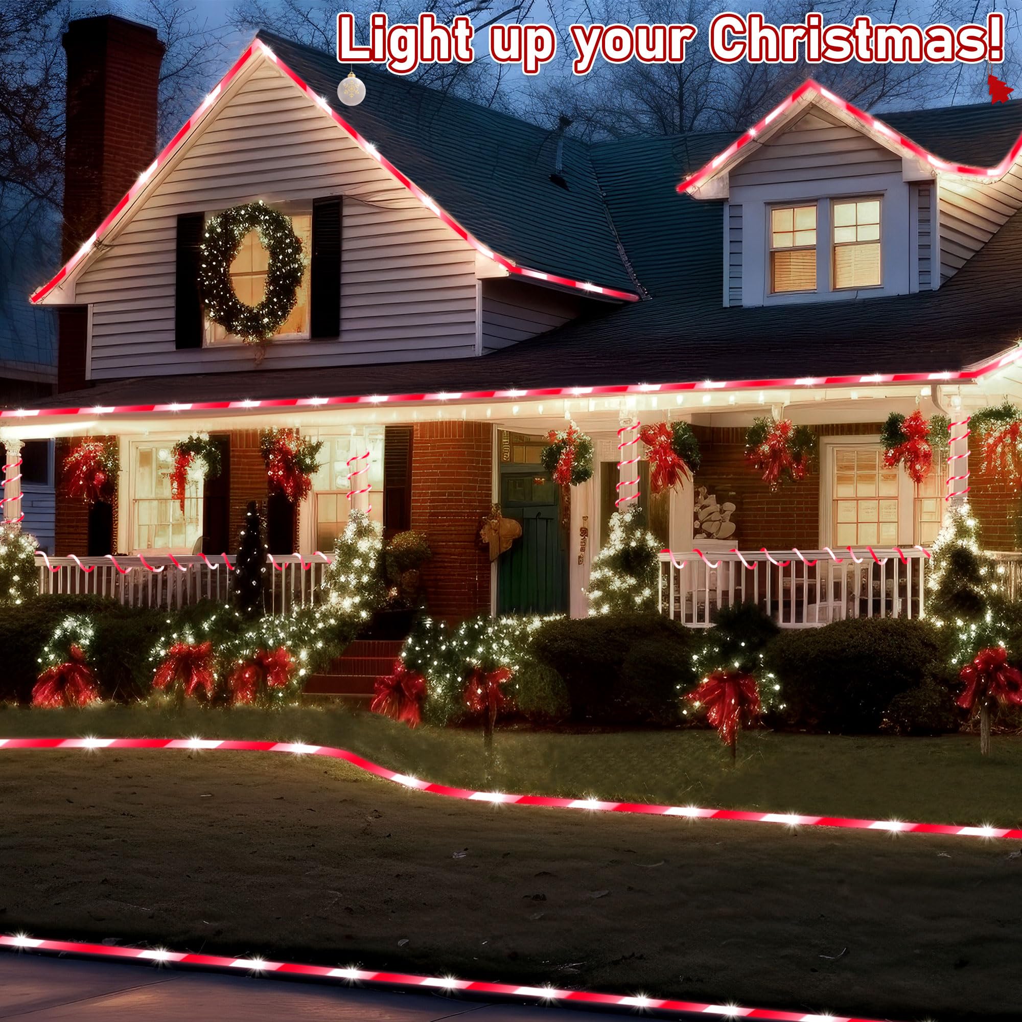 Hiboom Christmas Candy Cane Rope Lights, 65.6 ft, Red & White, Waterproof, 8 Lighting Modes, Timer, Model CW-Hiboom-1463