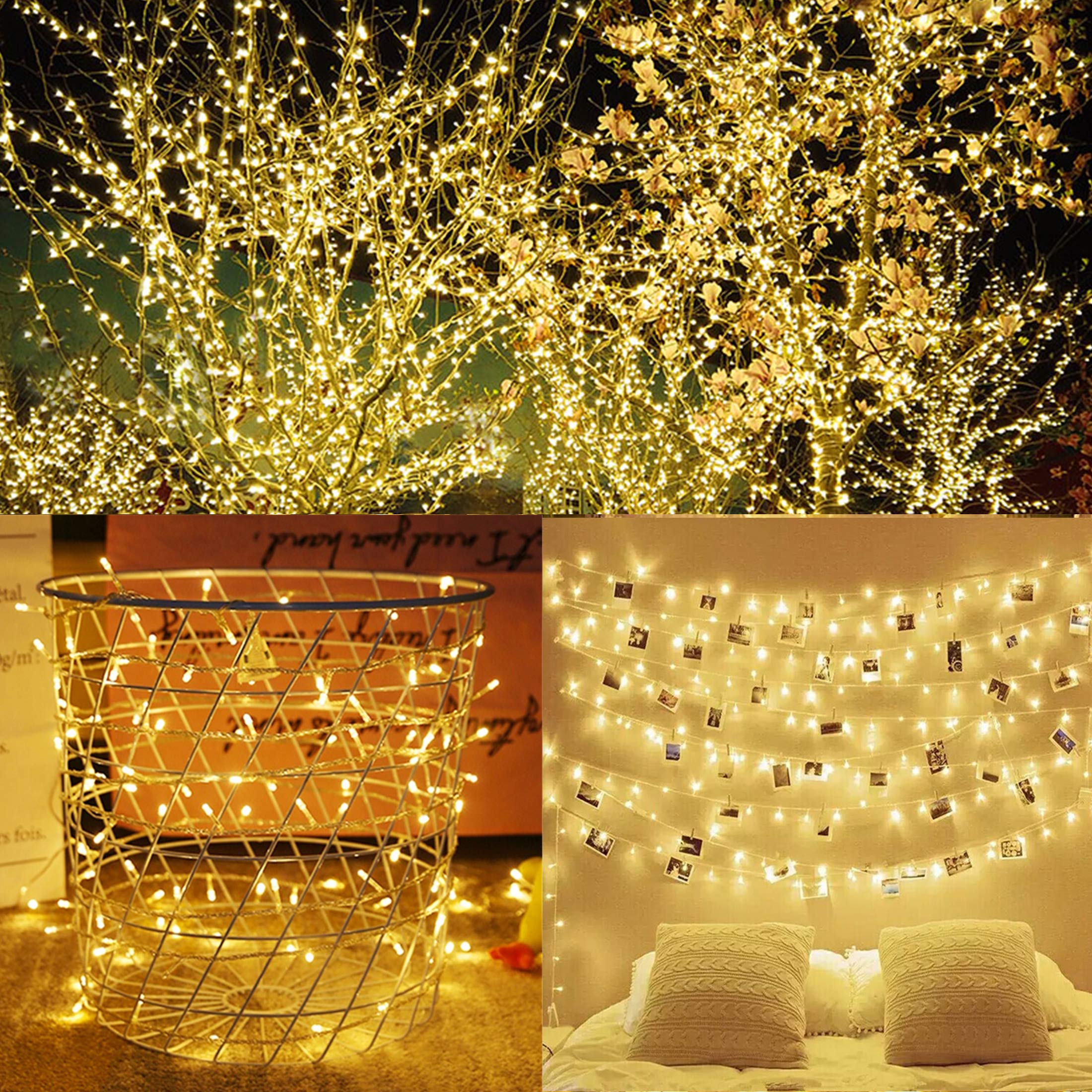 LJLNION 300 LED String Lights, 98.5FT, 8 Modes, Plug-in, Waterproof, Warm White, Model HB-300COI