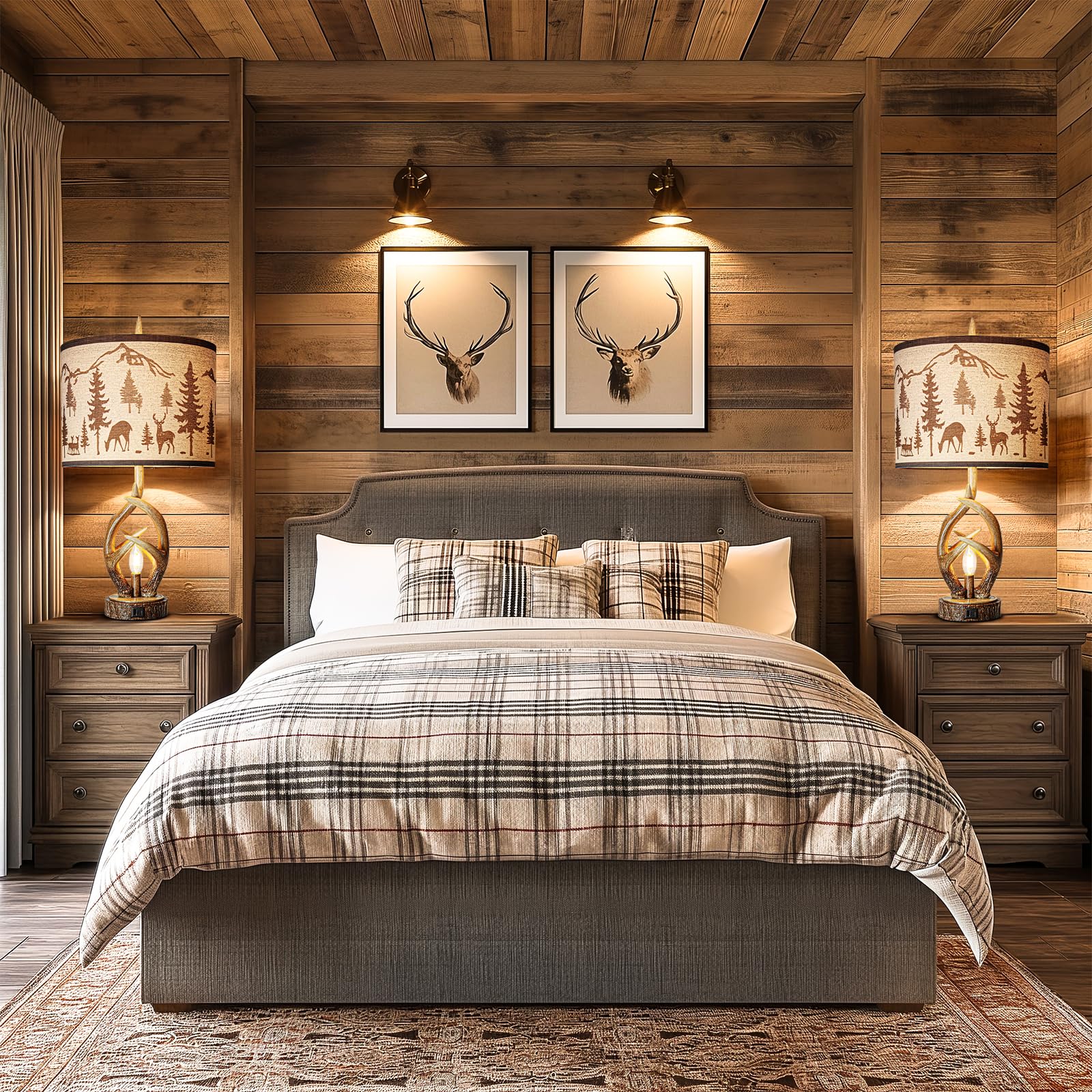 Scenekoy Antlers Style Table Lamp Set Of 2 Rustic Bedside Lamp With Night Light Linen Fabric Shade Farmhouse Nightstand Lamps Decor For Living Room Bedroom House Home Office (Bulb Included)