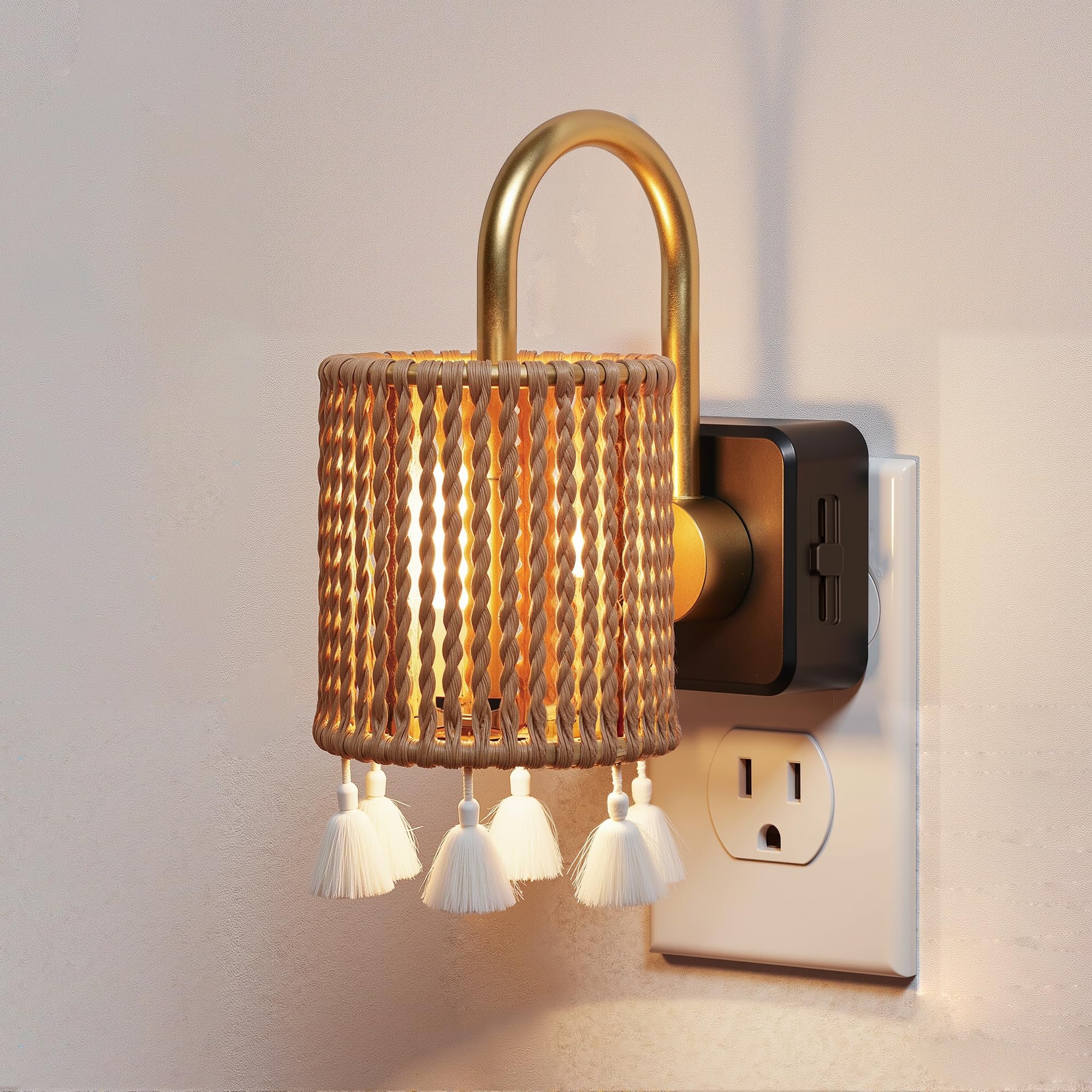 L LOHAS LED Night Lights Plug into Wall, Boho Fabric Cylinder Decor Night Light with Tassel, Dusk to Dawn Sensor, 0-100LM Dimmab