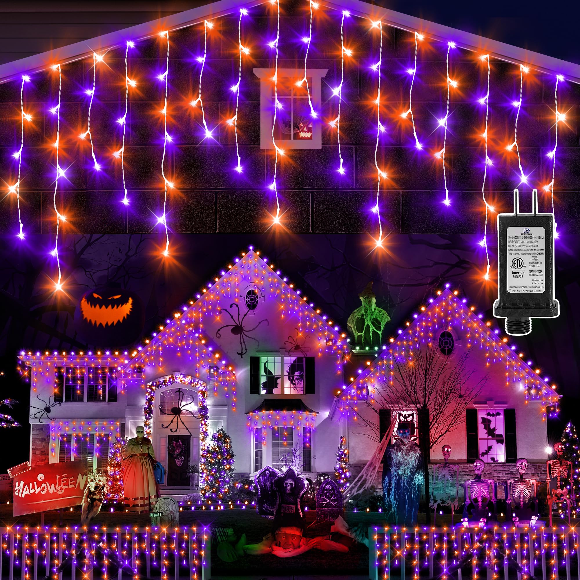Knonew Christmas Lights Outdoor 1216 Led 99Ft Curtain Fairy String Light, 8 Modes, Clear Wire, Orange & Purple For Indoor/Outdoor Decor