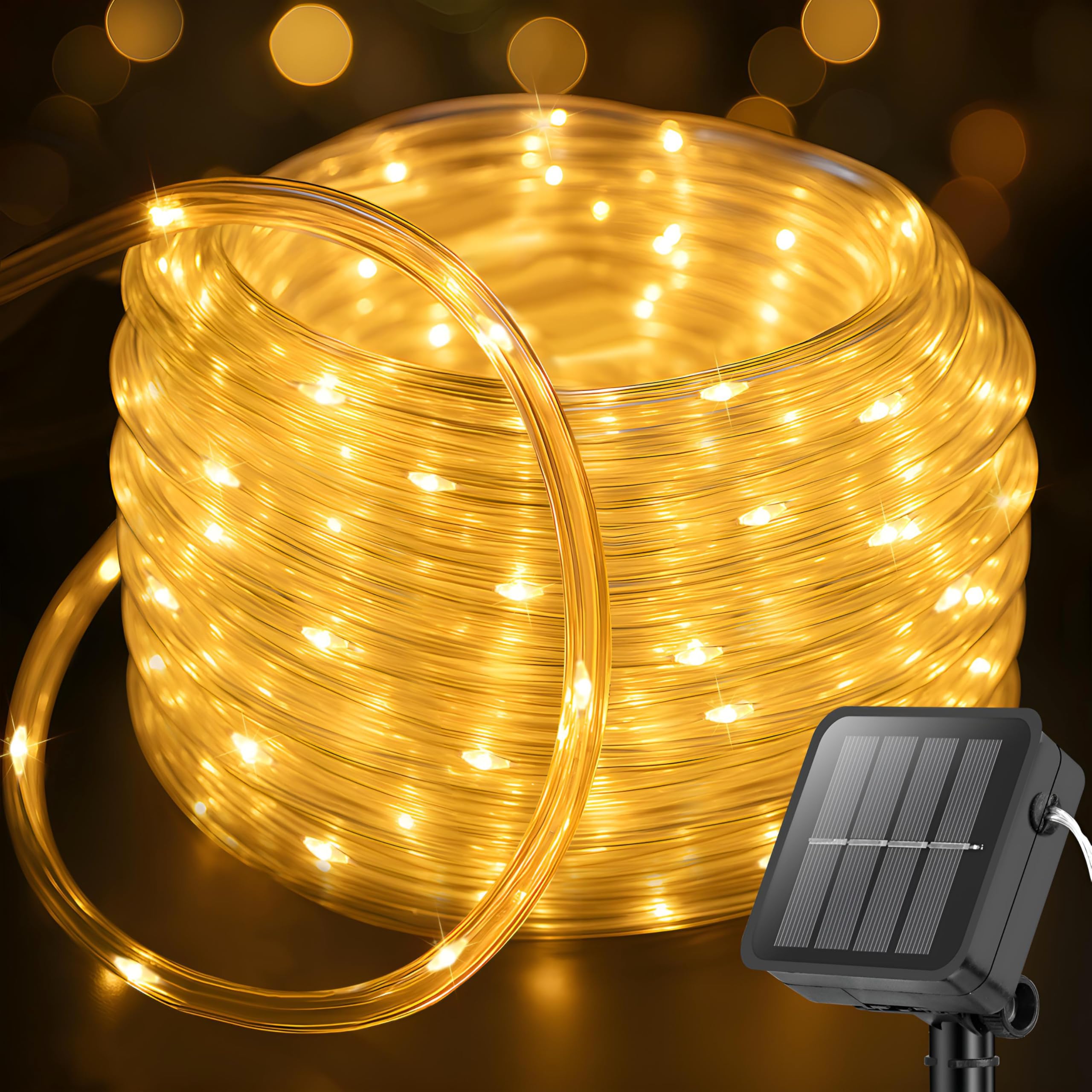 ANJAYLIA Solar Rope Lights, 33FT, 100 LED, Waterproof, 8 Modes, Warm White, Model WWQZD100