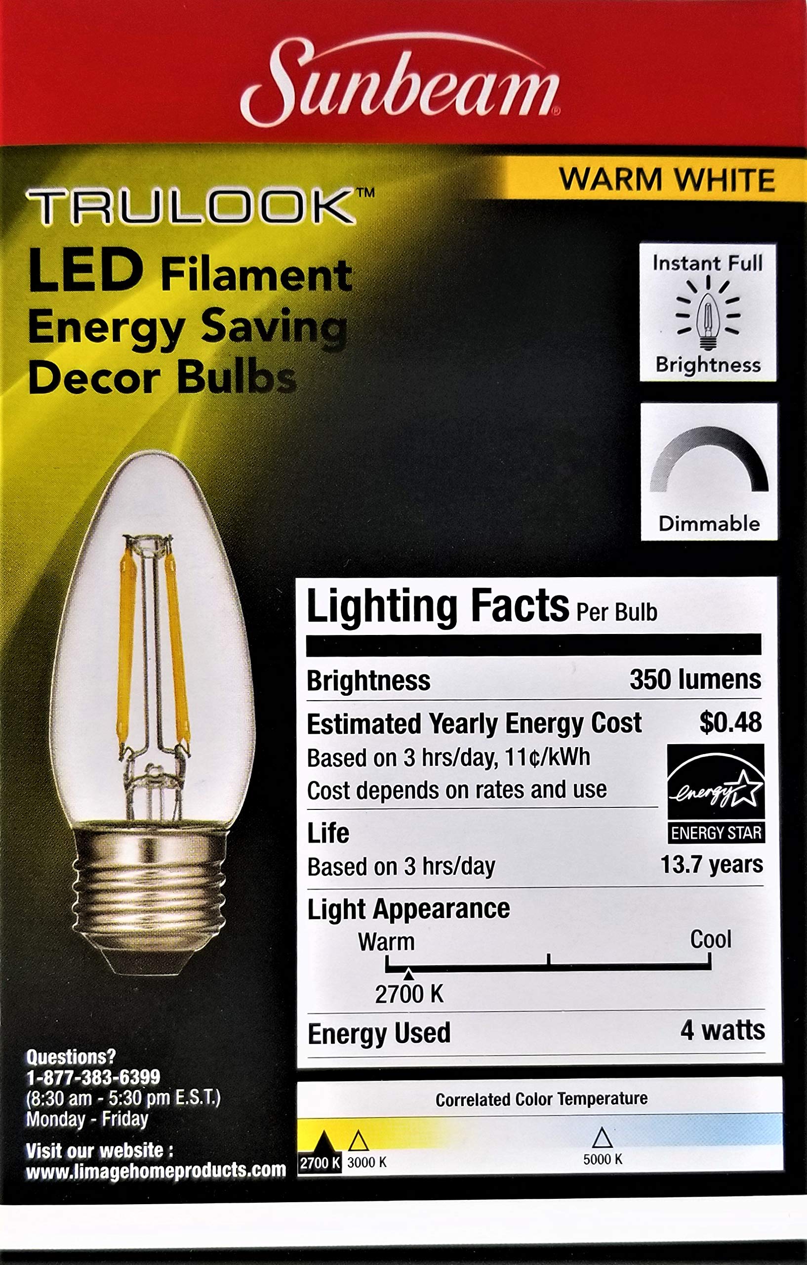 Sunbeam Trulook Led Filament Energy Saving Decor Bulbs, Warm White, 2-Pack