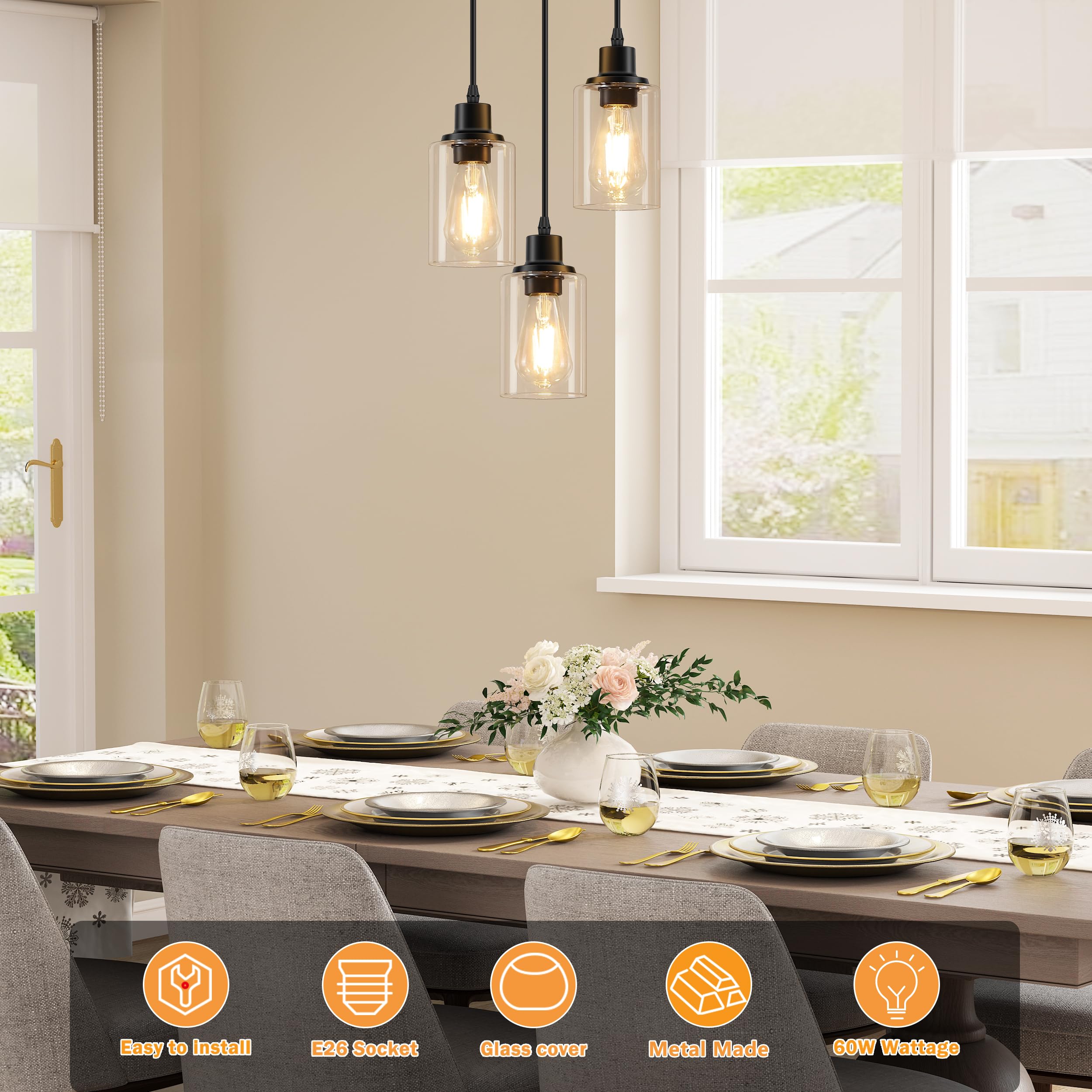 Licperron 3-Light Pendant Light Fixtures, Adjustable Black Metal Lighting with Clear Glass Shade for Kitchen Island, Dining Room, Living Room